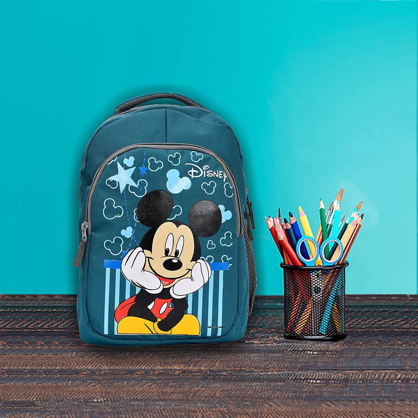 Kuber Industries Rexien Waterproof Lightweight Disney Mickey Mouse Print Backpack|Sturdy School Bag for Kids (Green) (Medium Size)