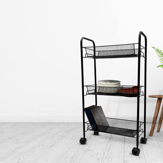 Slim Line Metal Trolley with 3 Mesh Storage Shelves, Iron Frame & Wheels | Portable Organizer | 79.5x44cm