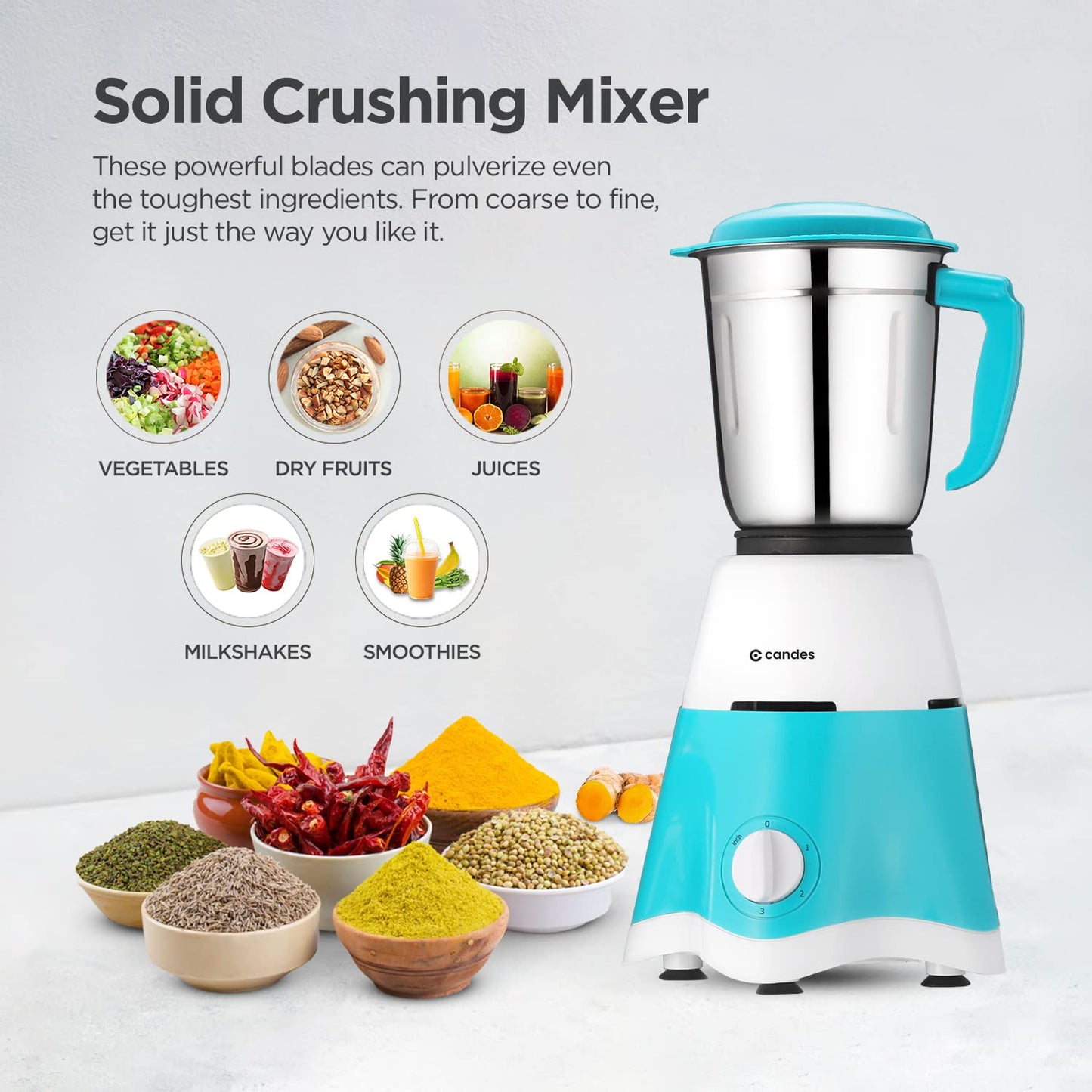 CANDES Ultra 700W Mixer Grinder Machine for Kitchen- 3 Stainless Steel Multipurpose Jars, Powerful Motor, Efficient Steel Blades | Superior Mixie for Kitchen with 2 Years Warranty- White & Blue