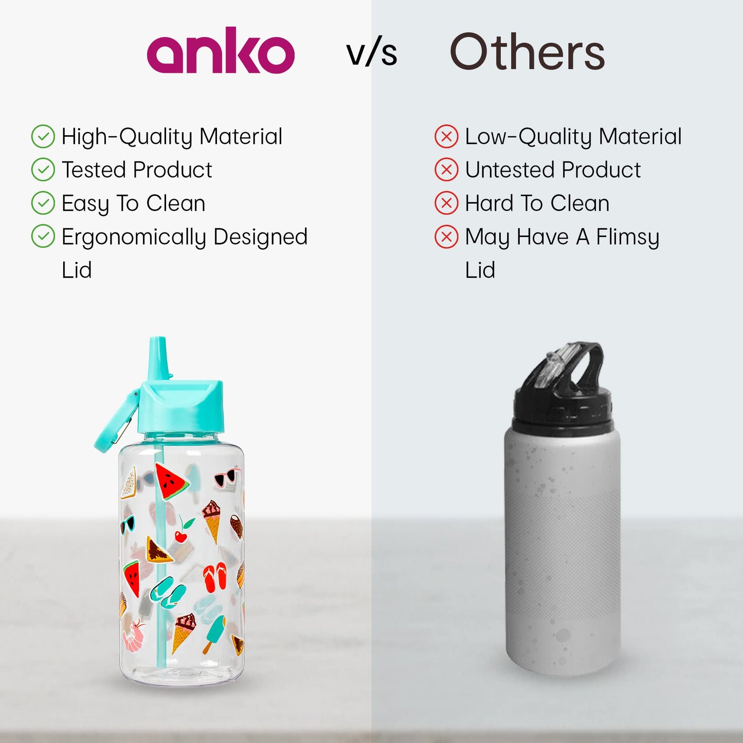 1 L Non-Toxic Plastic Sipper Water Bottle - Leak Proof, Flip-Top Spout & Straw | BPA-Free | Fruits Print