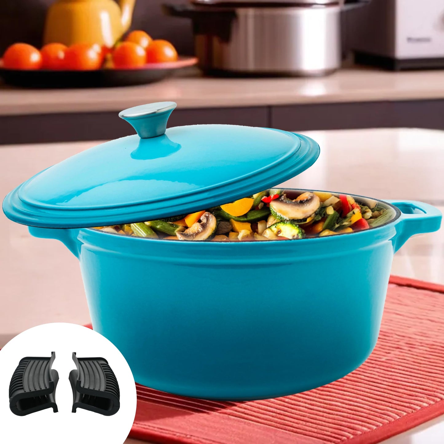 UMAI Enameled Cast Iron Cookware (5L) | Cast Iron Dutch Oven With Silicon Sleeve Handles | Biryani Handi Heavy Bottom | Gas & Induction| Non Stick Biryani Pot | Cast Iron Casserole | Rust Proof (Blue)