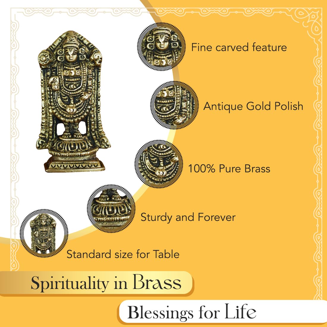 Brass Tirupati Balaji Idol - Traditional Design for Home Décor & Office Desk | 8.0 cm | Polished Brass