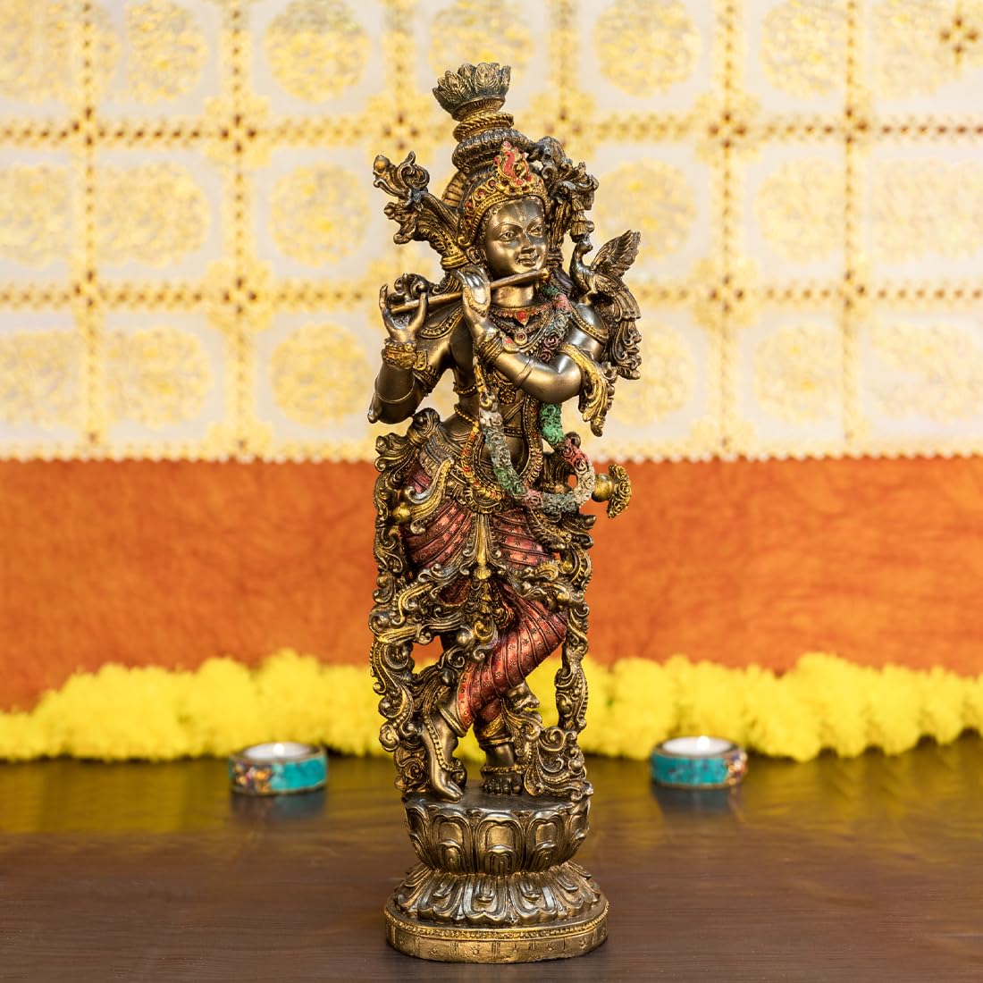 Lord Krishna Idol with Flute - Handpainted Decorative Statue | Traditional Religious Theme | Gold