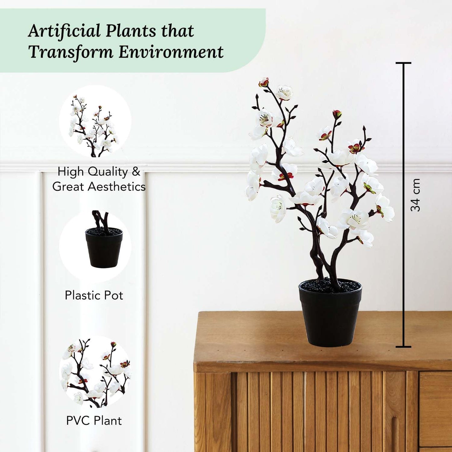 Ekhasa Cherry Blossom Artificial Flowers with Vase Pot for Home Decoration (34 CM Total Height, 23 Flower Heads) | Guldasta Flower Pots with Artificial Show Flower for Living Room, Bedroom, Office