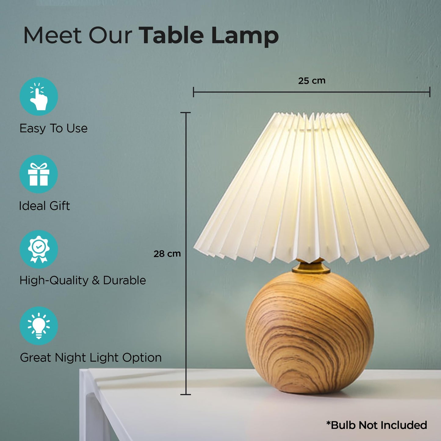 Combo: Table Lamp with Ceramic Base & Fabric Shade | Aesthetic Home Decor | 28 CM | Natural Wood