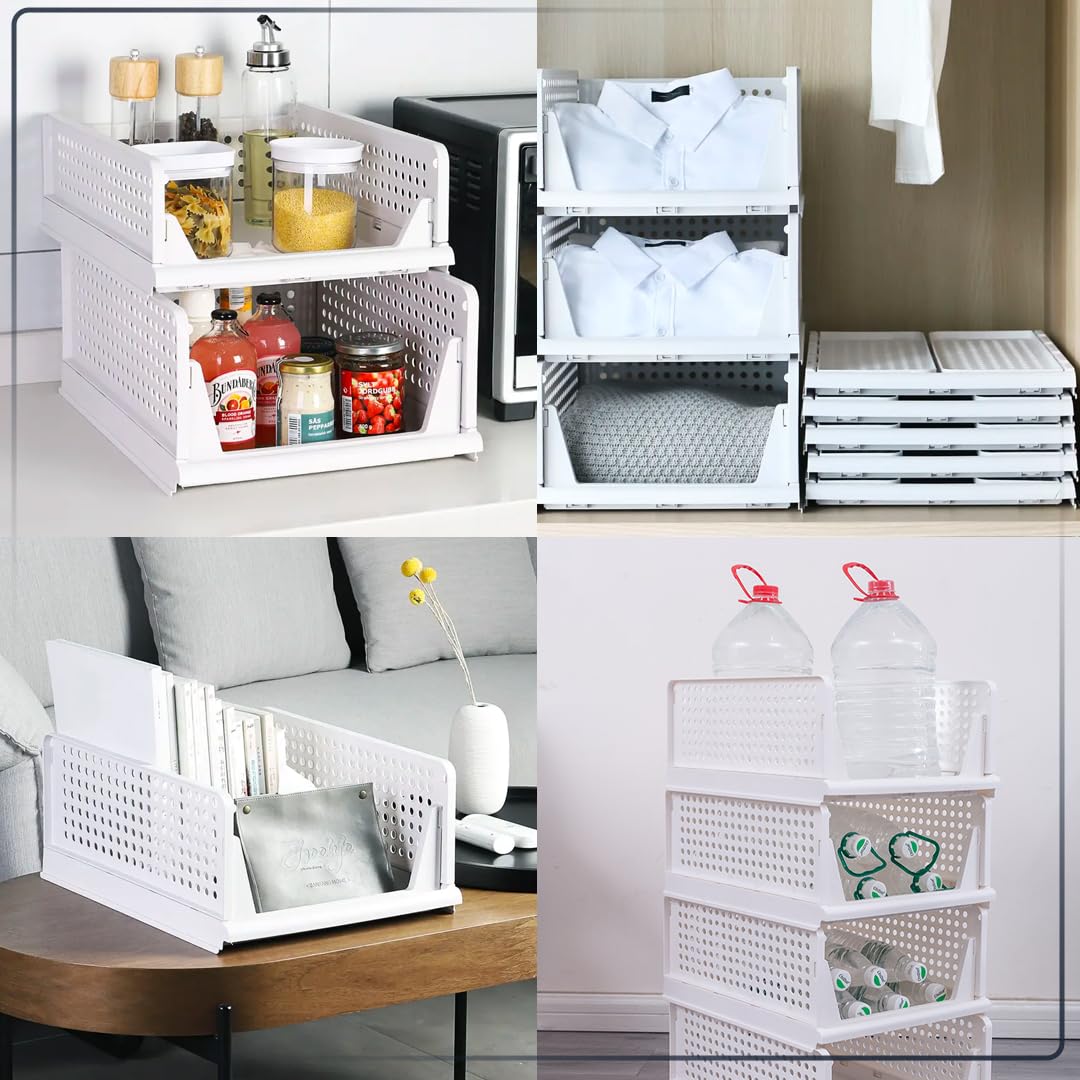 Foldable & Stackable Wardrobe Organizer - Durable Plastic Shelf | Freestanding | Medium Size | White