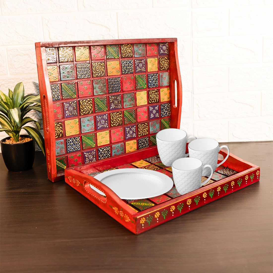 Ekhasa Wooden Tray for Serving | Hand Crafted Wooden Organiser for Kitchen and Dining Table | Tea Tray Set Serveware | Wooden Tray for Decoration (Handpainted, Mango Wood, Set of 2)