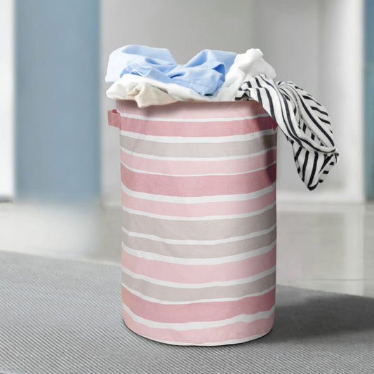 Large Cotton Laundry Basket - 100% PP Coating, Storage Organizer for Toys & Clothes | 24x15.7 in | Pink Striped
