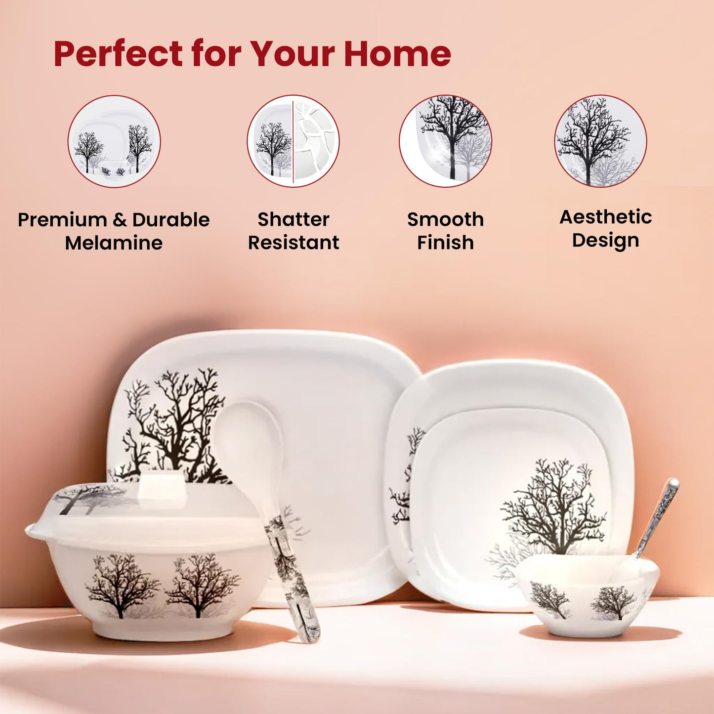 USHA SHRIRAM Melamine Dinner Set (31 Pcs) | Kitchen Set for Home | Unbreakable Plates and Bowls Set | Dinner Ware Set | Dinner Ware Set | Fiber Dinner Set | Gift for Marriage (Black Tree)