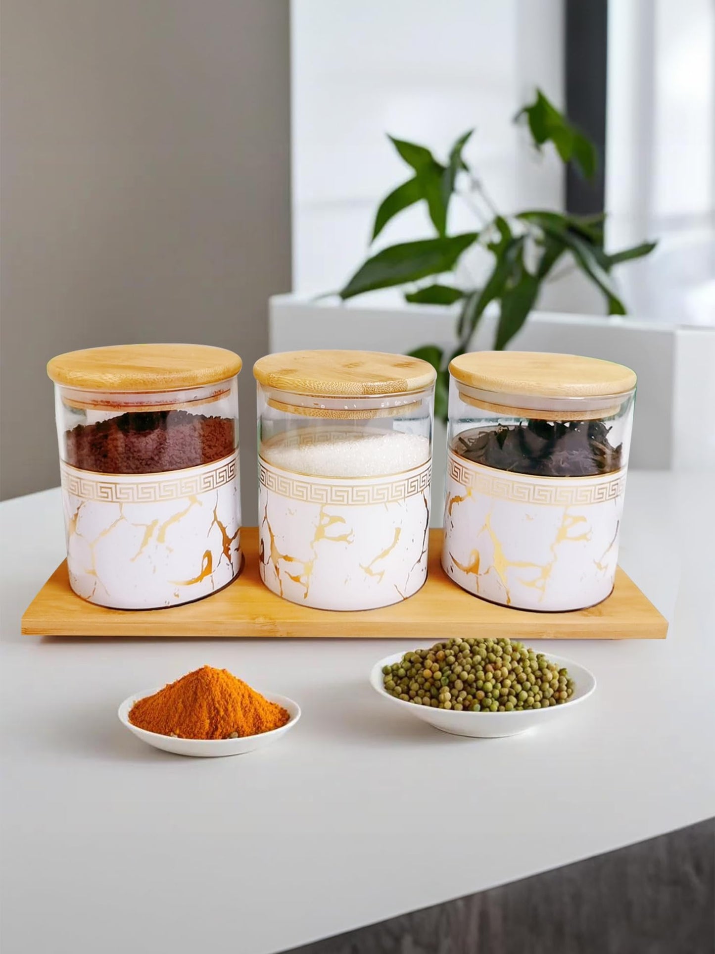 Combo: Borosilicate Glass Jars with Wooden Lids | Airtight Storage Set | 850ml Each | Printed White Design