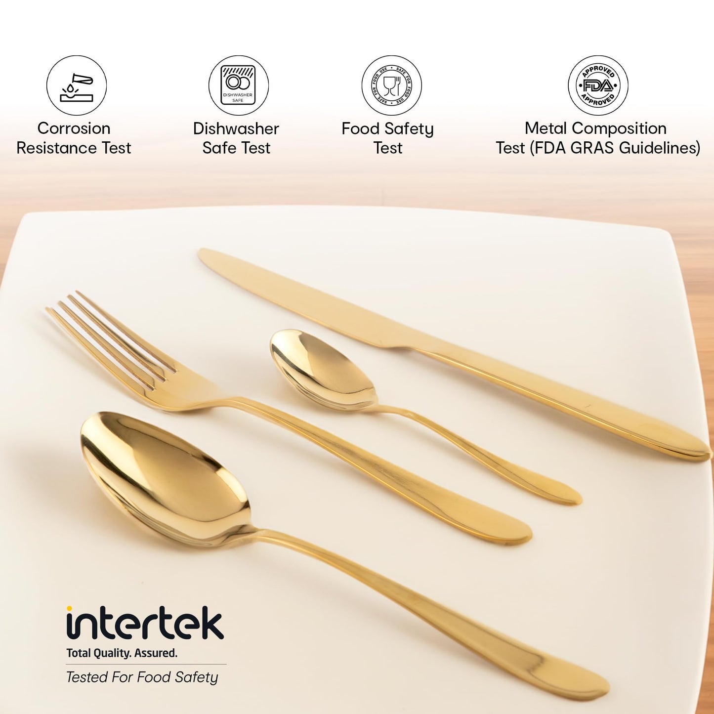 Anko 16 Piece Cutlery Set | Aesthetic Stainless Steel Tableware kit for 4 | Food Grade & Dishwasher Safe Kitchen Dining Utensil Collection | 4 Spoons, 4 Forks, 4 Knives, 4 Teaspoons | Champagne Gold