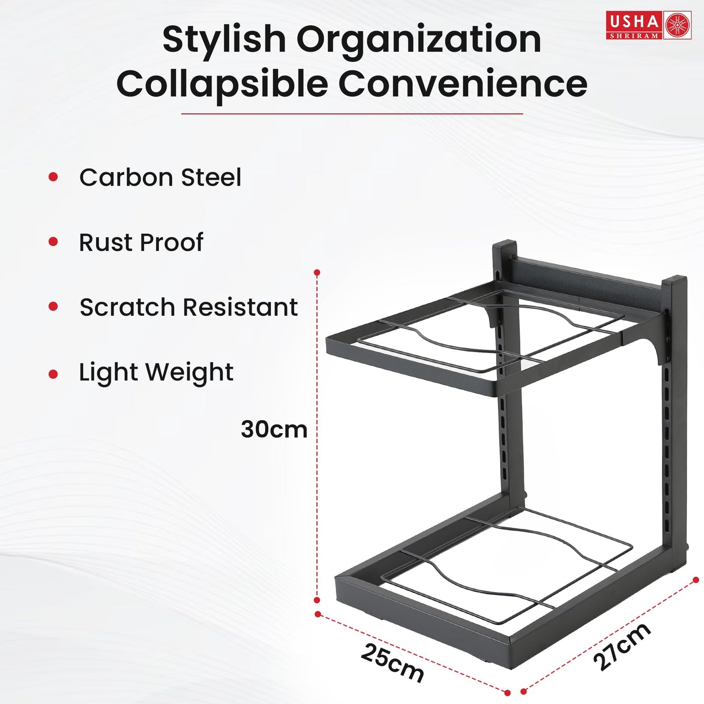 USHA SHRIRAM Carbon Steel | Dish Organiser For Kitchen | Kitchen Side Rack Organiser | Kadai Pan Organiser Rack For Kitchen | Kitchen Appliances Organiser | itchen Shelf Organiser (Pack of 1, 2 Layer)