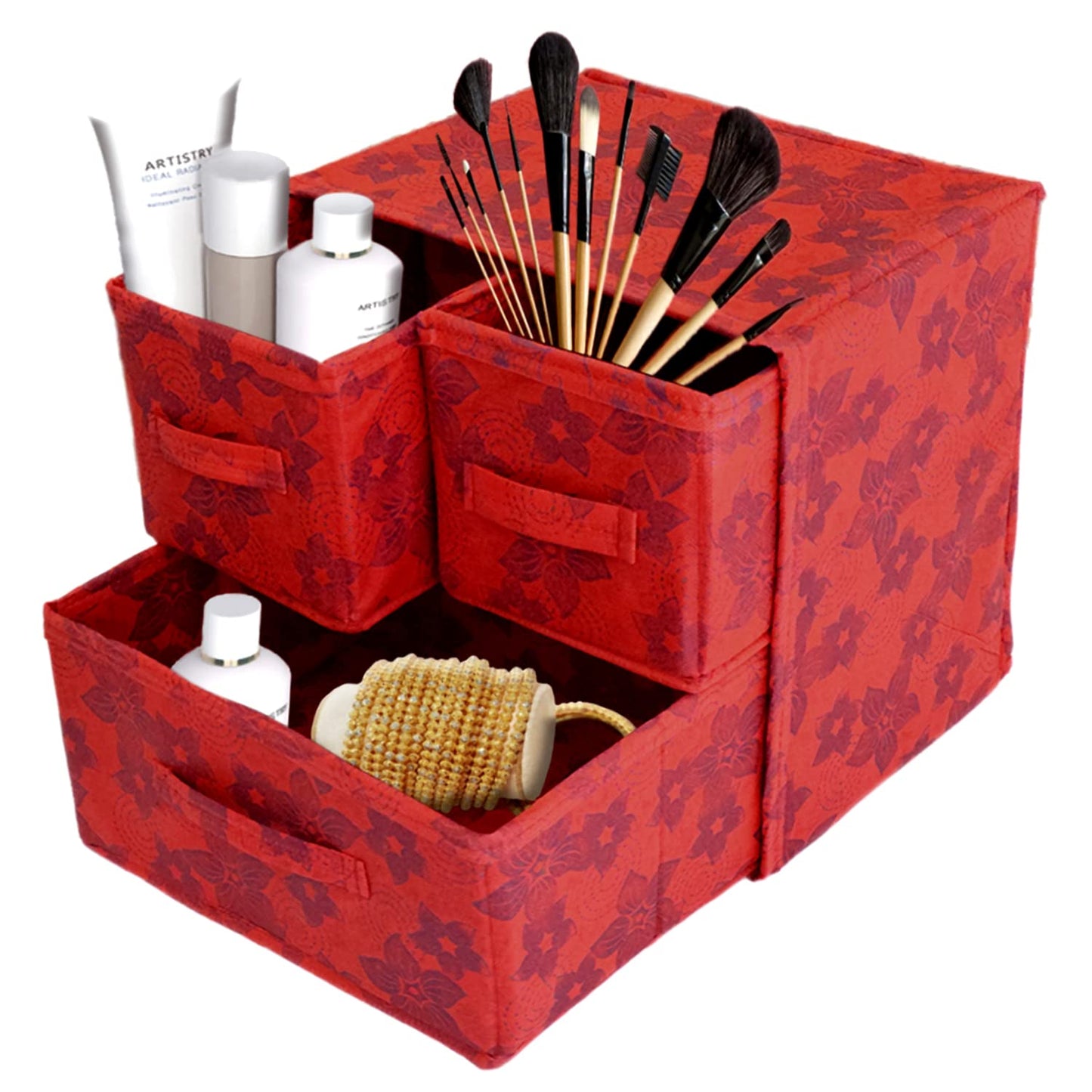 3 Drawers Foldable Makeup Organizer Box - Metallic Flower Print | Includes 1 Organizer | Color: Red