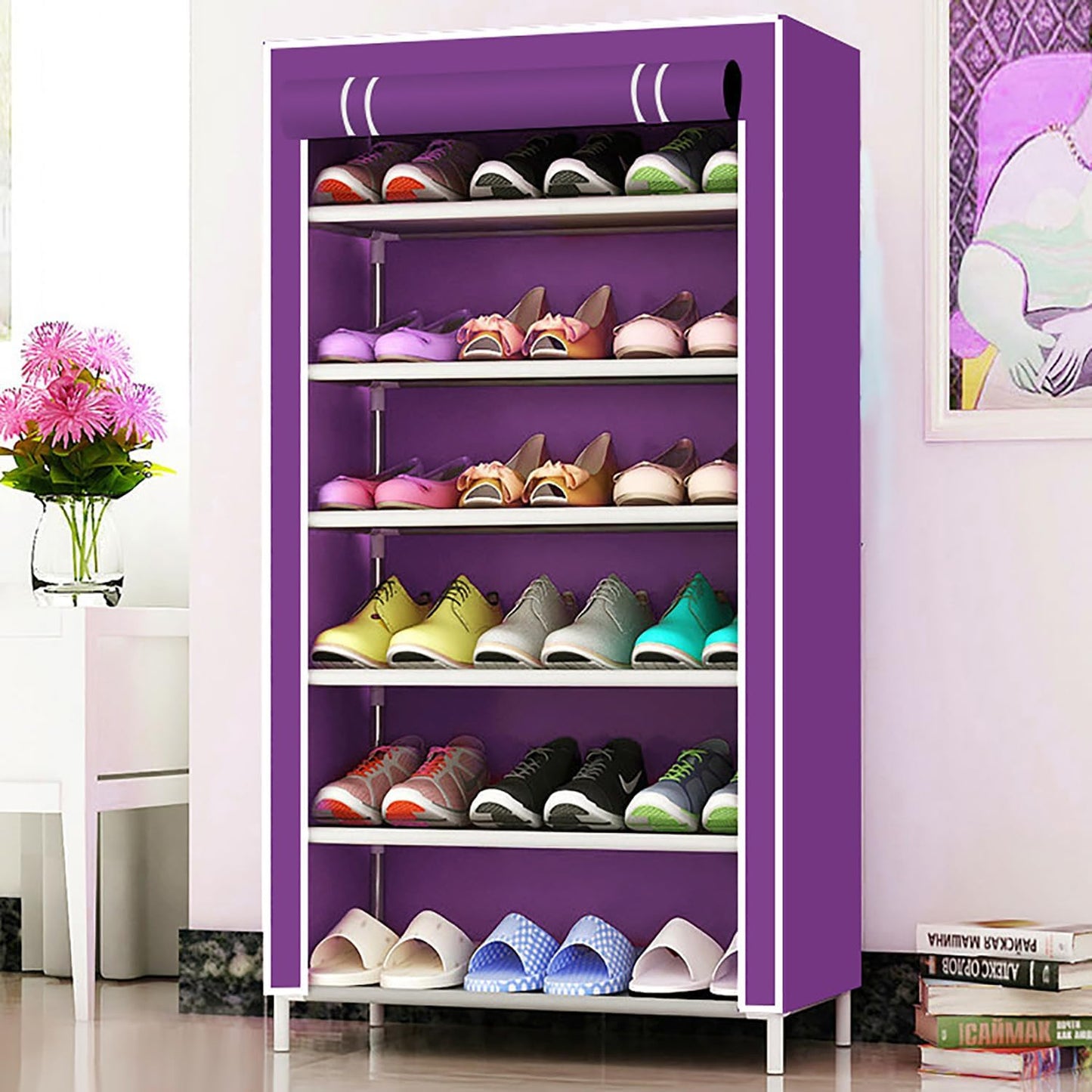 Pack of 6: Foldable Non-Woven Shoe Rack with 6 Shelves | Ideal for Shoes & Books | Purple