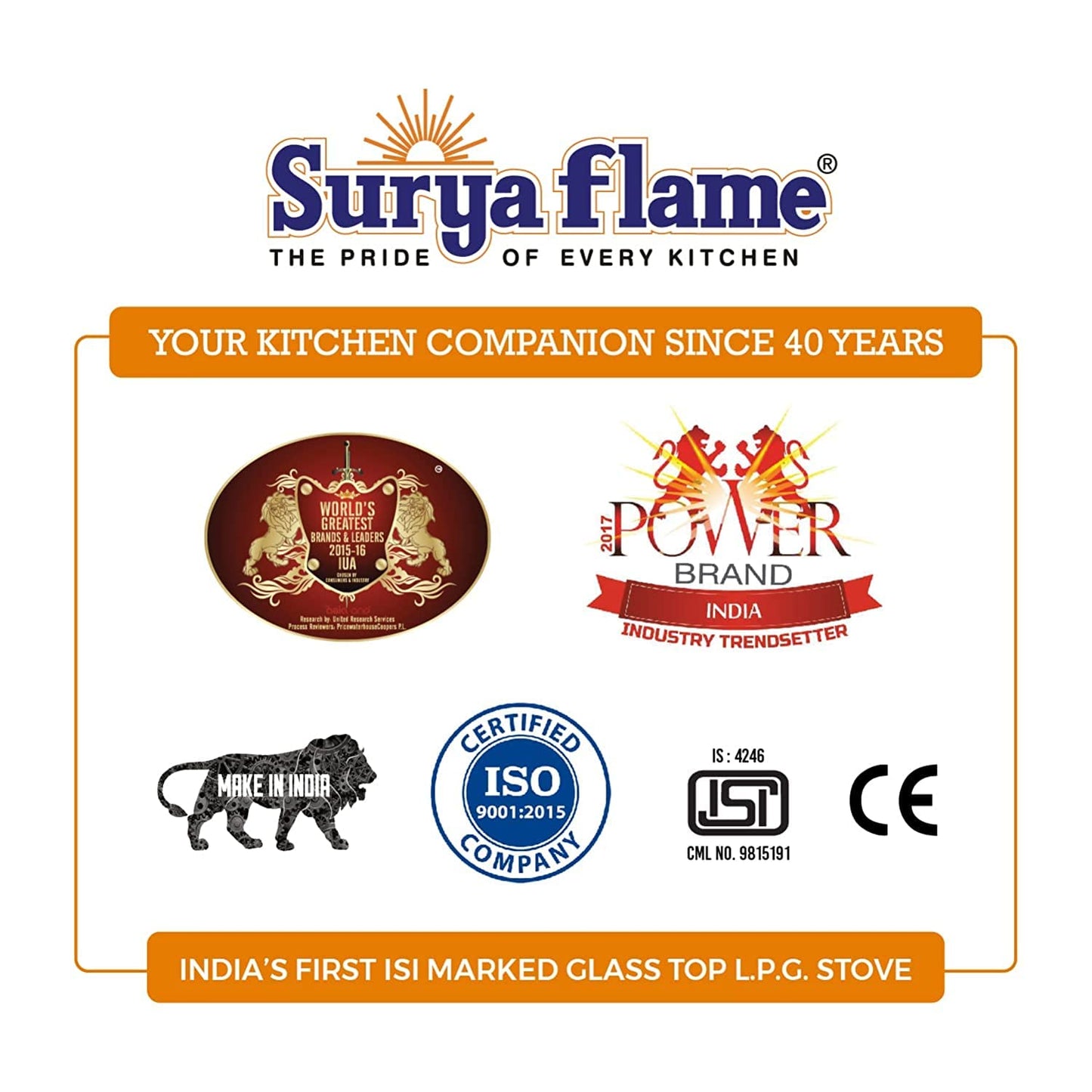 Surya Flame Apollo LPG Gas Stove - Square 4B, Stainless Steel | 10.5kg | Black | Gas Powered