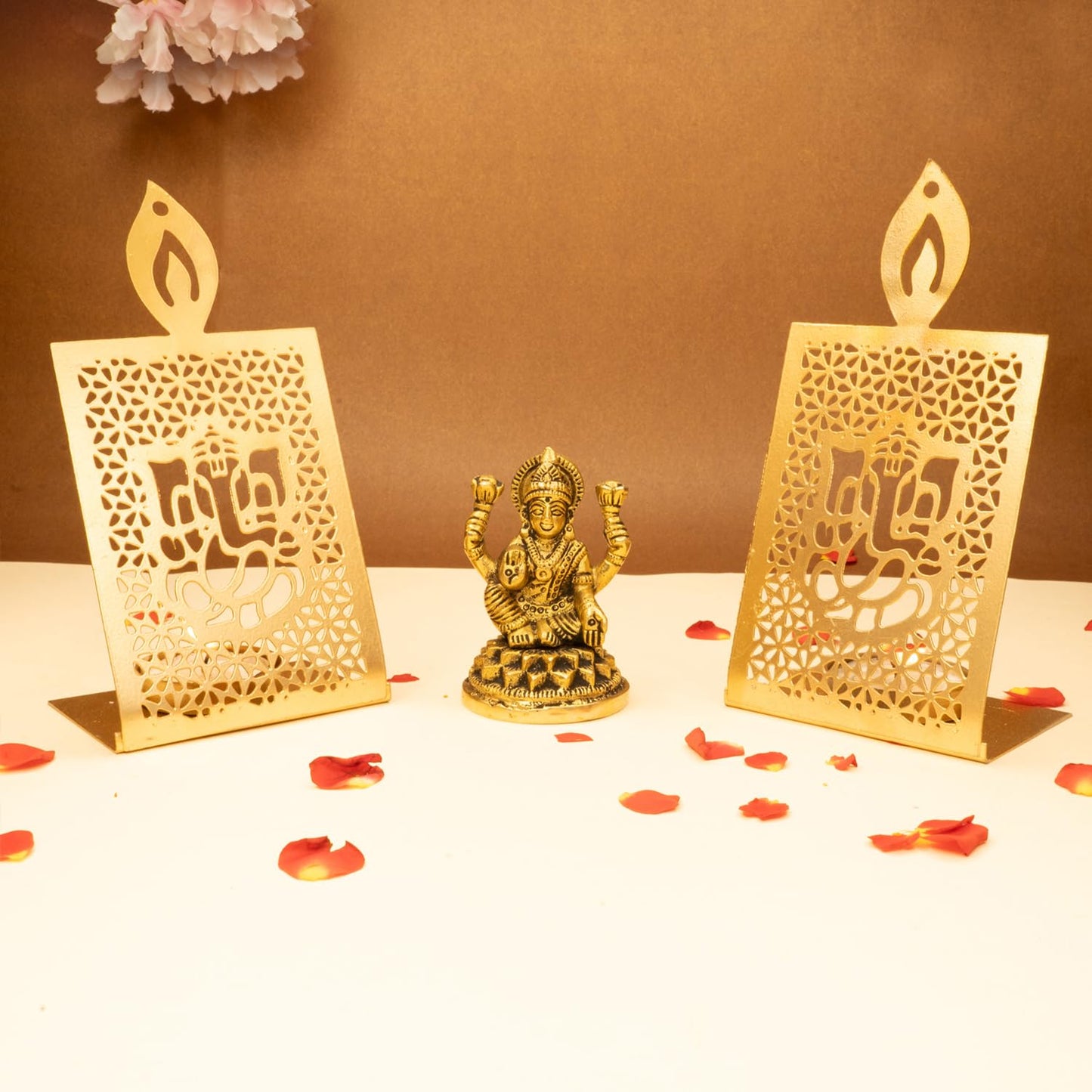 Ekhasa 100% Pure Brass Lakshmi Devi Idol & Tealight Candle Holder | Goddess Laxmi Idol for Pooja Room, Home Decor, Car Dashboard, Office Desk | Varalakshmi Puja Idol for Diwali (Combo)