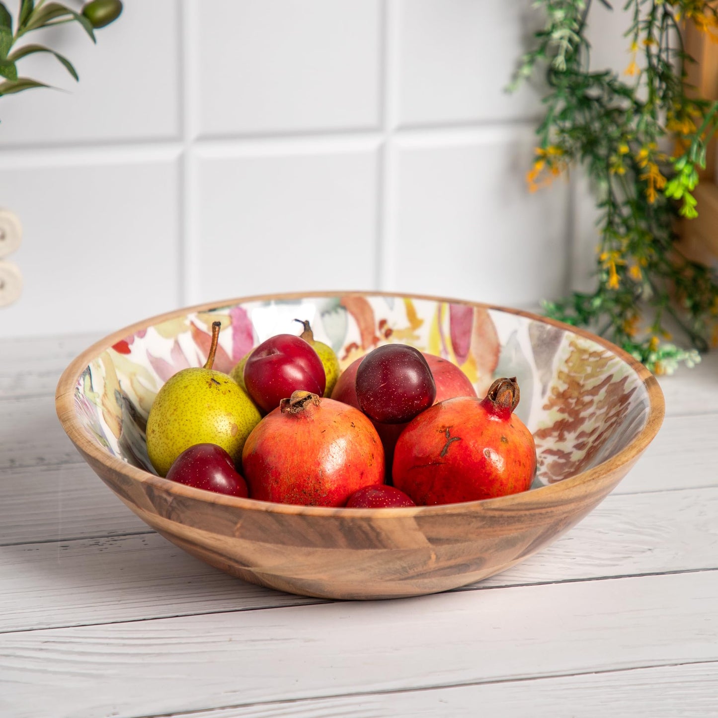 Large Acacia Wood Bowl - Designer Salad Utensil with Enamel Oil Finish | 11" | Pastel Floral | For Kitchen & Dining