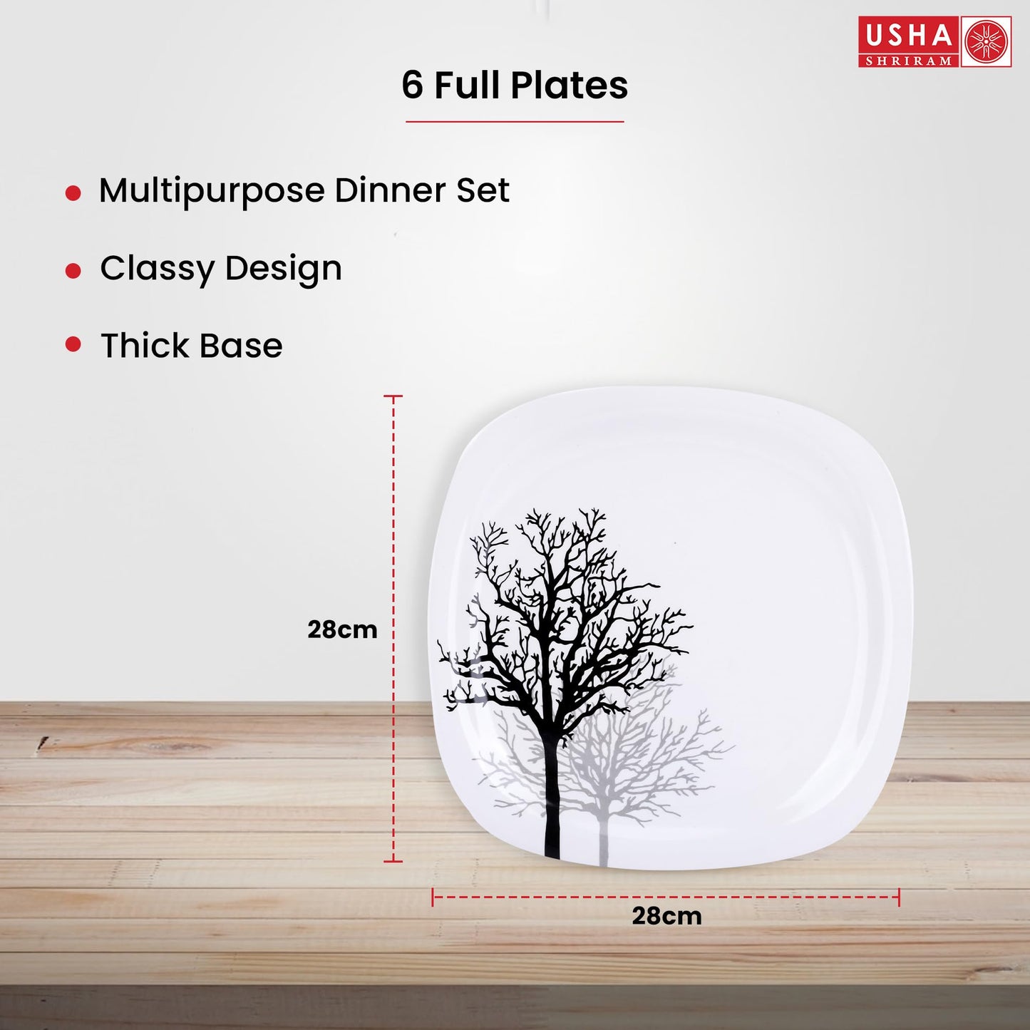 Melamine Dinner Plate Set of 6 - Unbreakable, Heat Resistant | Dishwasher Safe | Square Black Tree | Blue