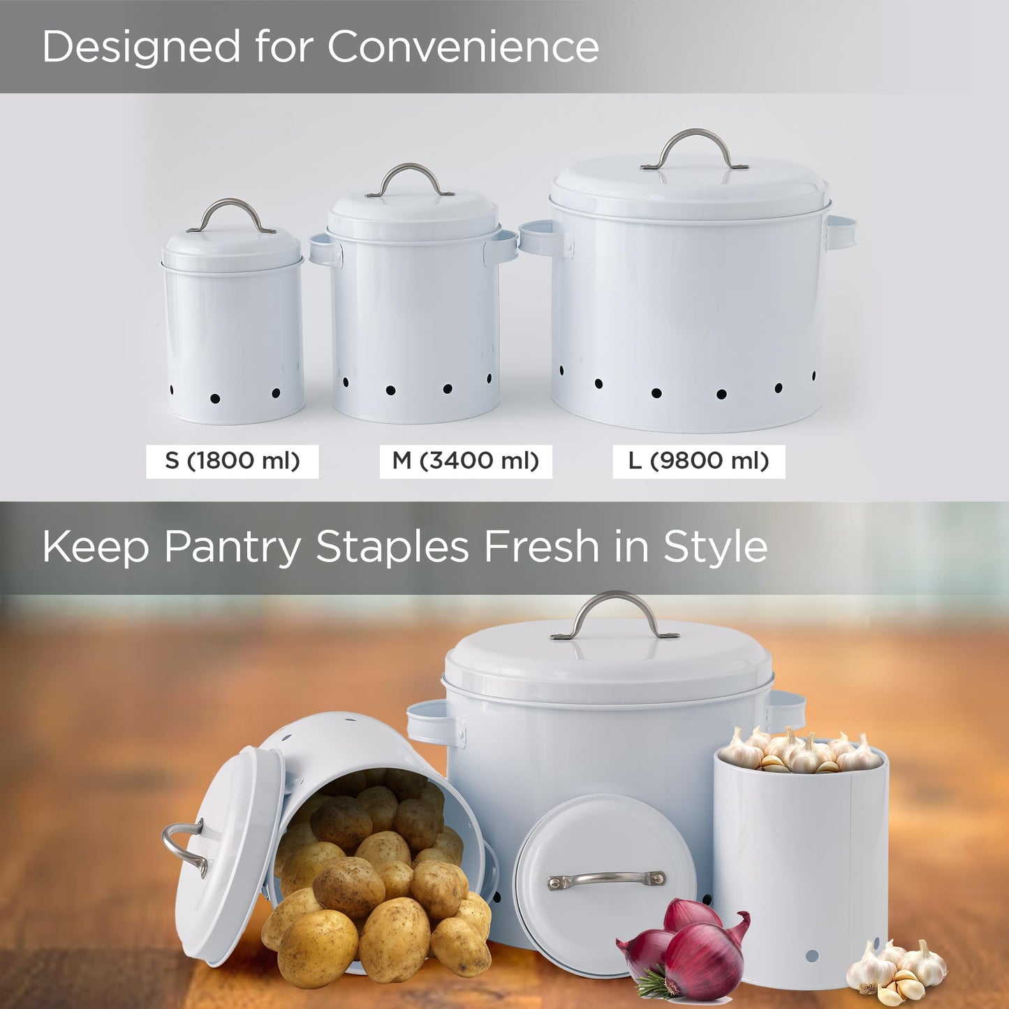 UMAI Metal Potato,Onion,Garlic Storage Container|Vegtable Basket For Kitchen|Kitchen Organizer Items & Storage|Storage Organizer|Storage Box|Set Of 3(11.2X14.5Cm,14X17.5Cm & 22.5X19.3Cm)|White,Beige