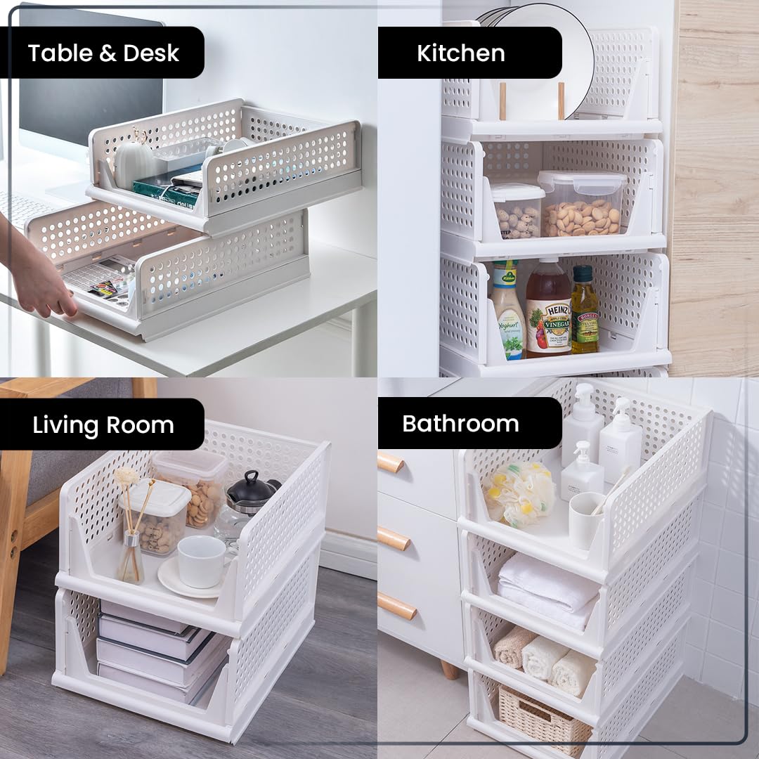 Foldable & Stackable Wardrobe Organizer - Durable Plastic Shelf | Freestanding | Medium Size | White