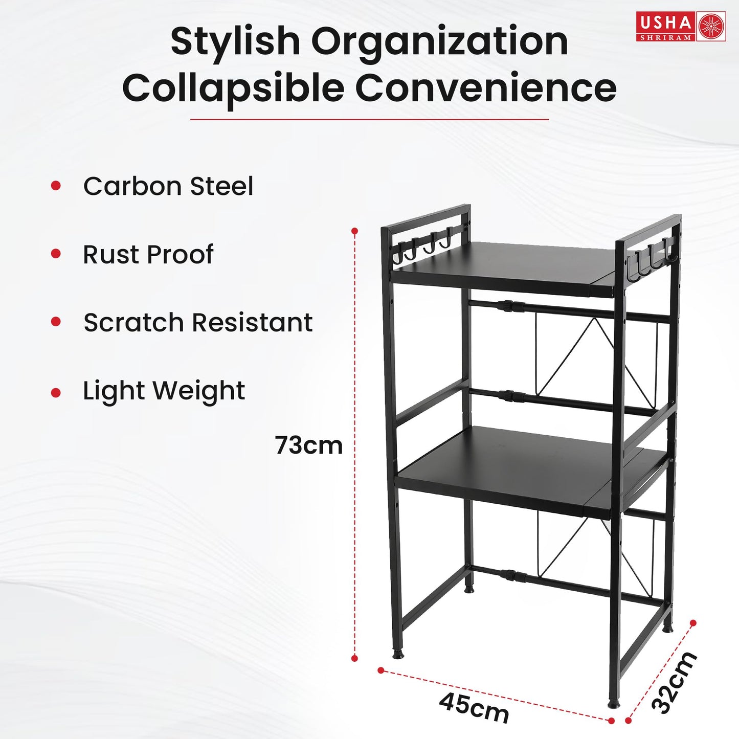 USHA SHRIRAM Microwave Oven Rack For Kitchen |2 Step Organiser For Kitchen Cabinet | Kitchen Organiser Box | Storage Organiser For Kitchen Shelf Space Saver | Hooks For Spoon Holder | Black