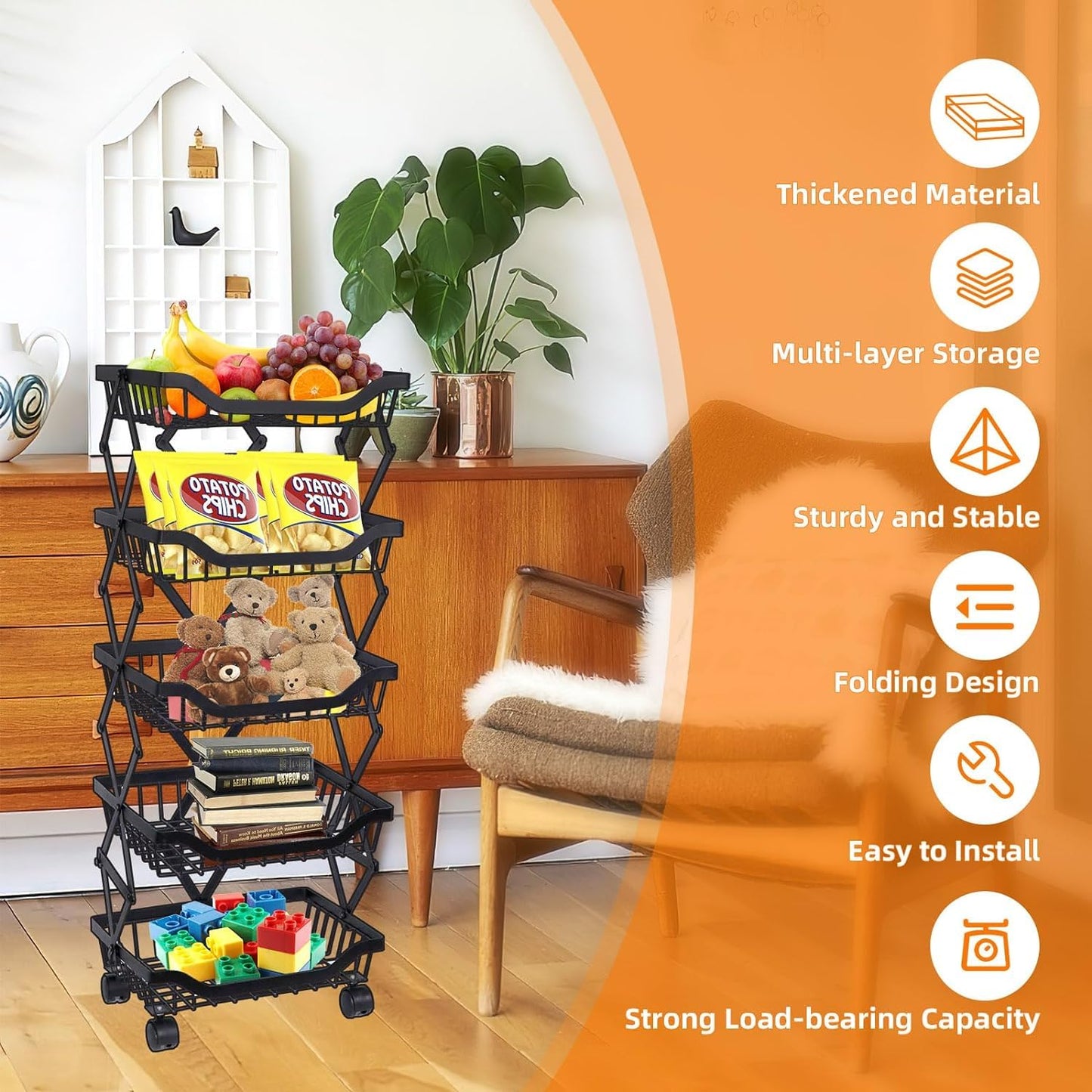 USHA SHRIRAM Layer Carbon Steel Trolley for Kitchen |360 Rotation | Kitchen Trolley with Wheels for Modular Kitchen | Onion Fruit Trolley for Kitchen | Kitchen Trolley Organisers (5 Layer, Pack of 1)