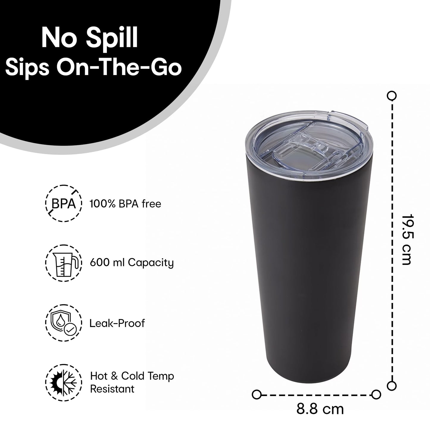 Combo: On The Go Tumbler Set - Double Wall, Vacuum, Airtight | Steel Straw, Cleaning Brush, Lid | 600 ml | Black