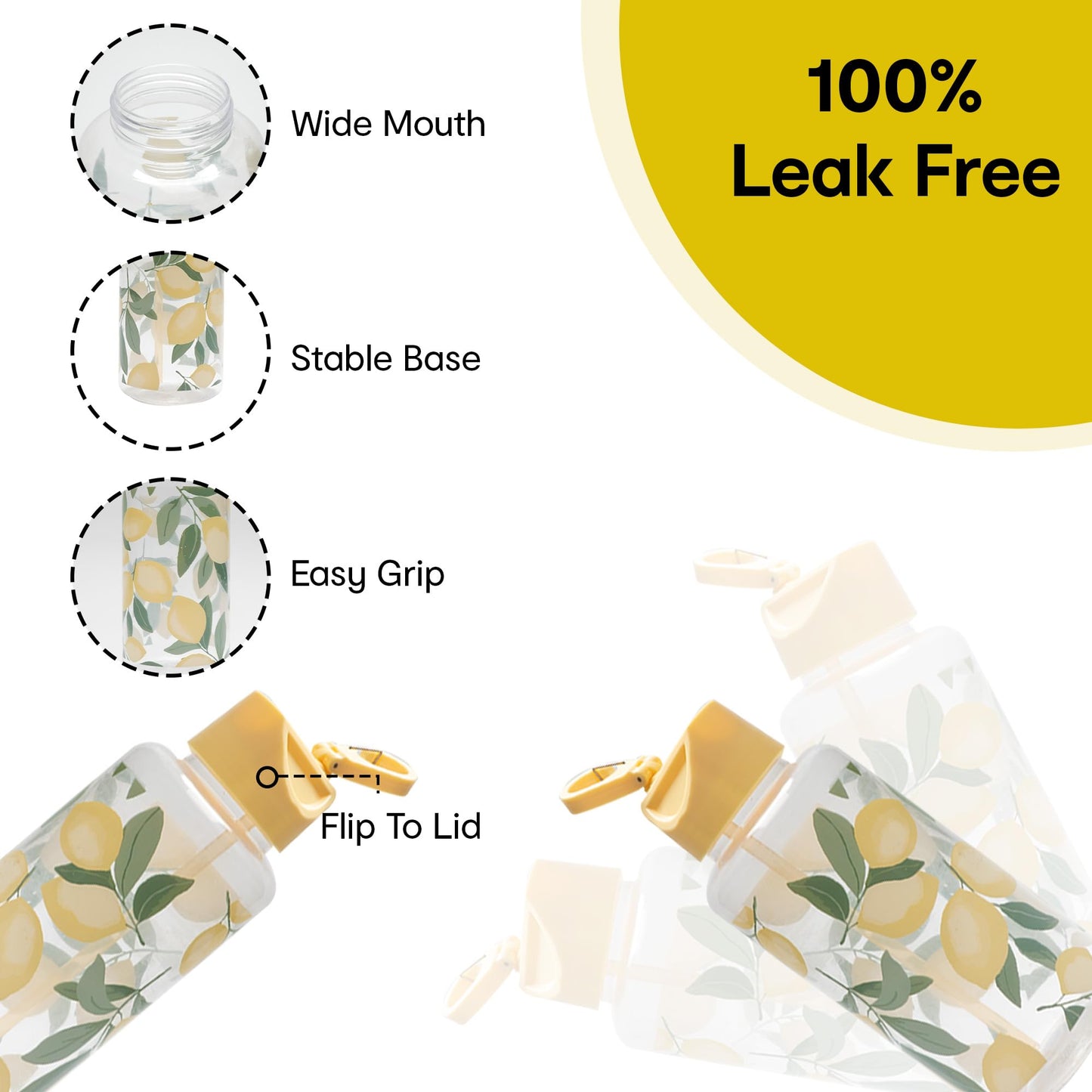 1 L Plastic Sipper Water Bottle - Non-Toxic, Leak Proof, Lightweight | Flip-Top Lid & Straw | Leaf Print