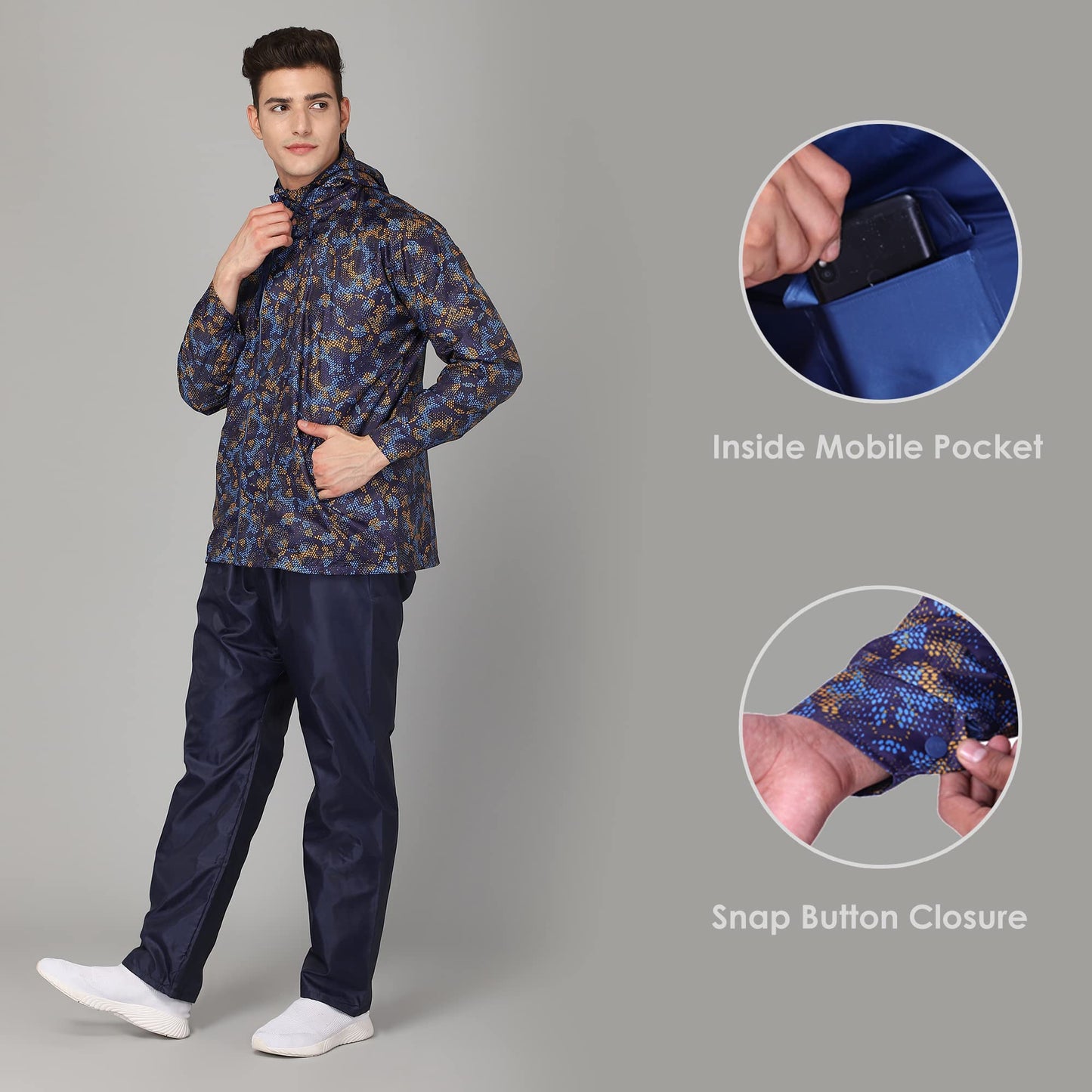 THE CLOWNFISH Edward Series Men's Waterproof Polyester Double Coating Reversible Raincoat with Hood and Reflector Logo at Back. Set of Top and Bottom. Printed Plastic Pouch with Rope (Blue, Large)