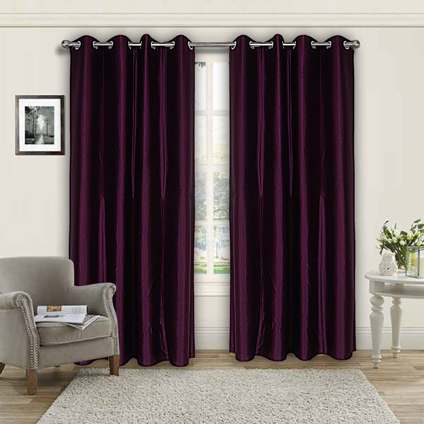 Set of 2: Blackout Door Curtains - Faux Silk, Eyelet | Room Darkening | 7 Feet | Purple