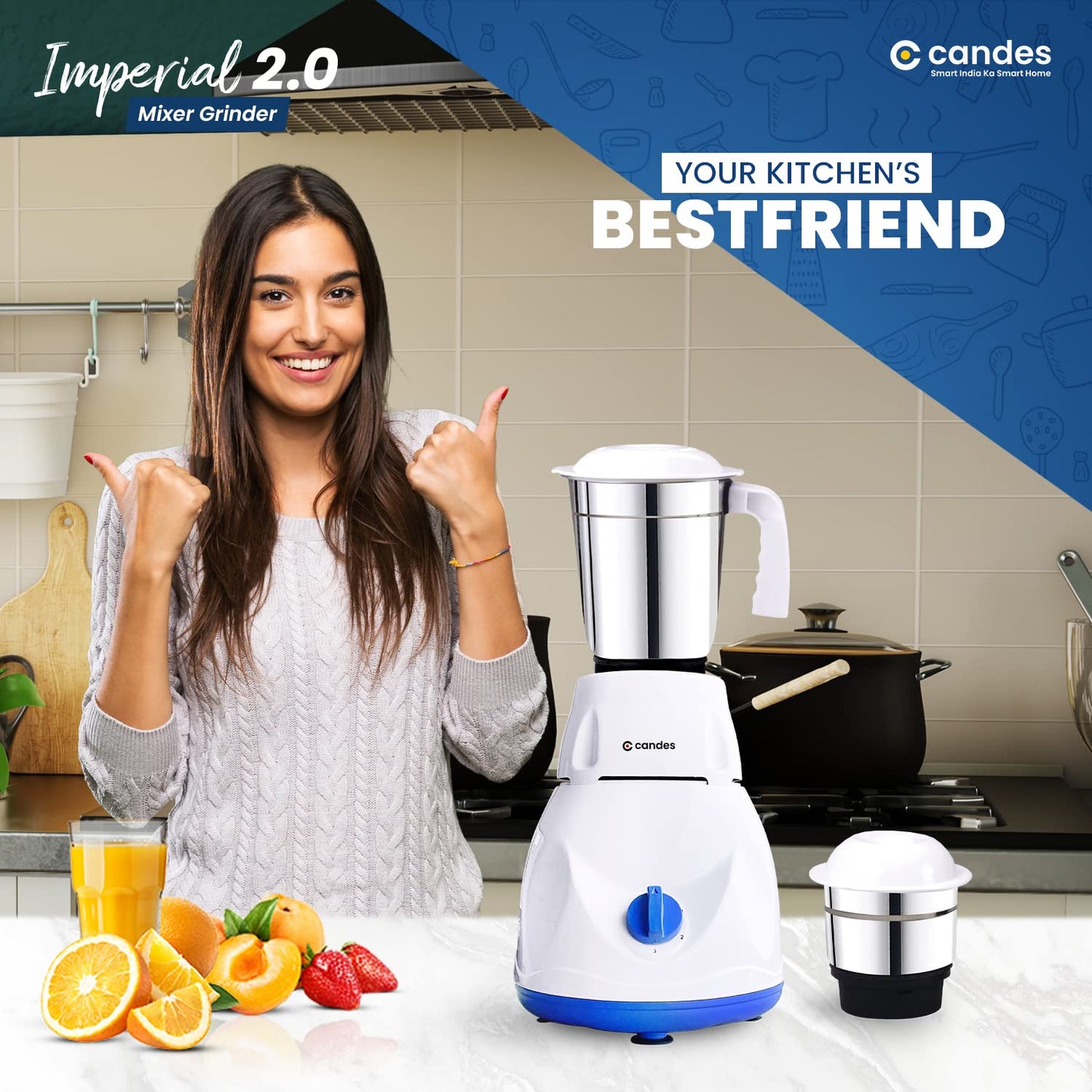 Candes Imperial 550 Watt Mixer Grinder with 2 Jars | Powerful Motor with 1 Year Warranty - White Blue