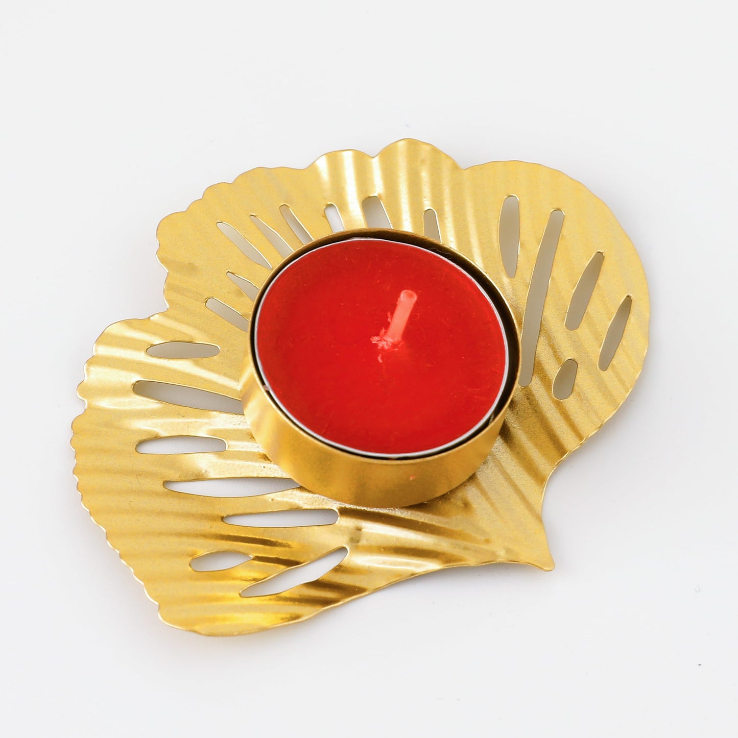 Tealight Candle Holder - Golden Leaf Shape, Powder Coated Metal | Ideal for Diwali Decoration | 8 x 10 x 8 CM