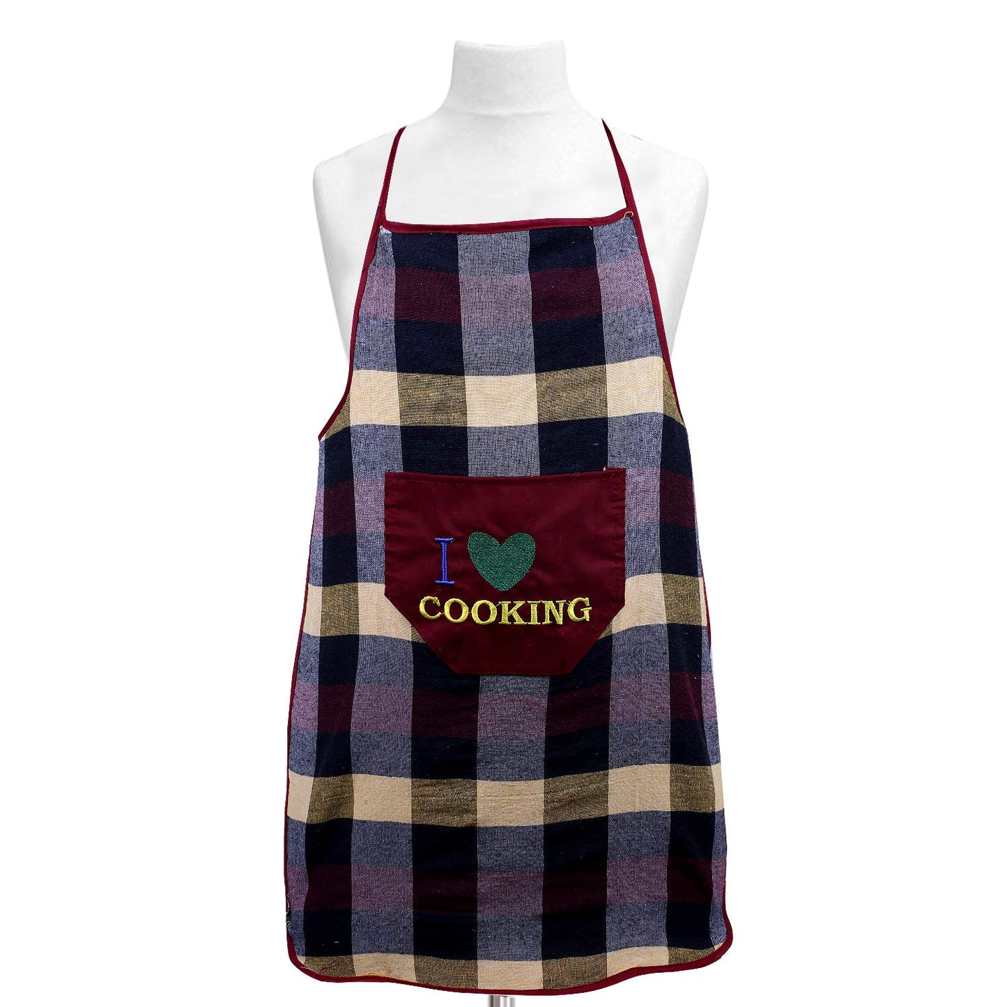 Pack of 2: Cotton Checkered Kitchen Aprons - Waterproof, Front Pocket | Standard Size | Maroon & Black