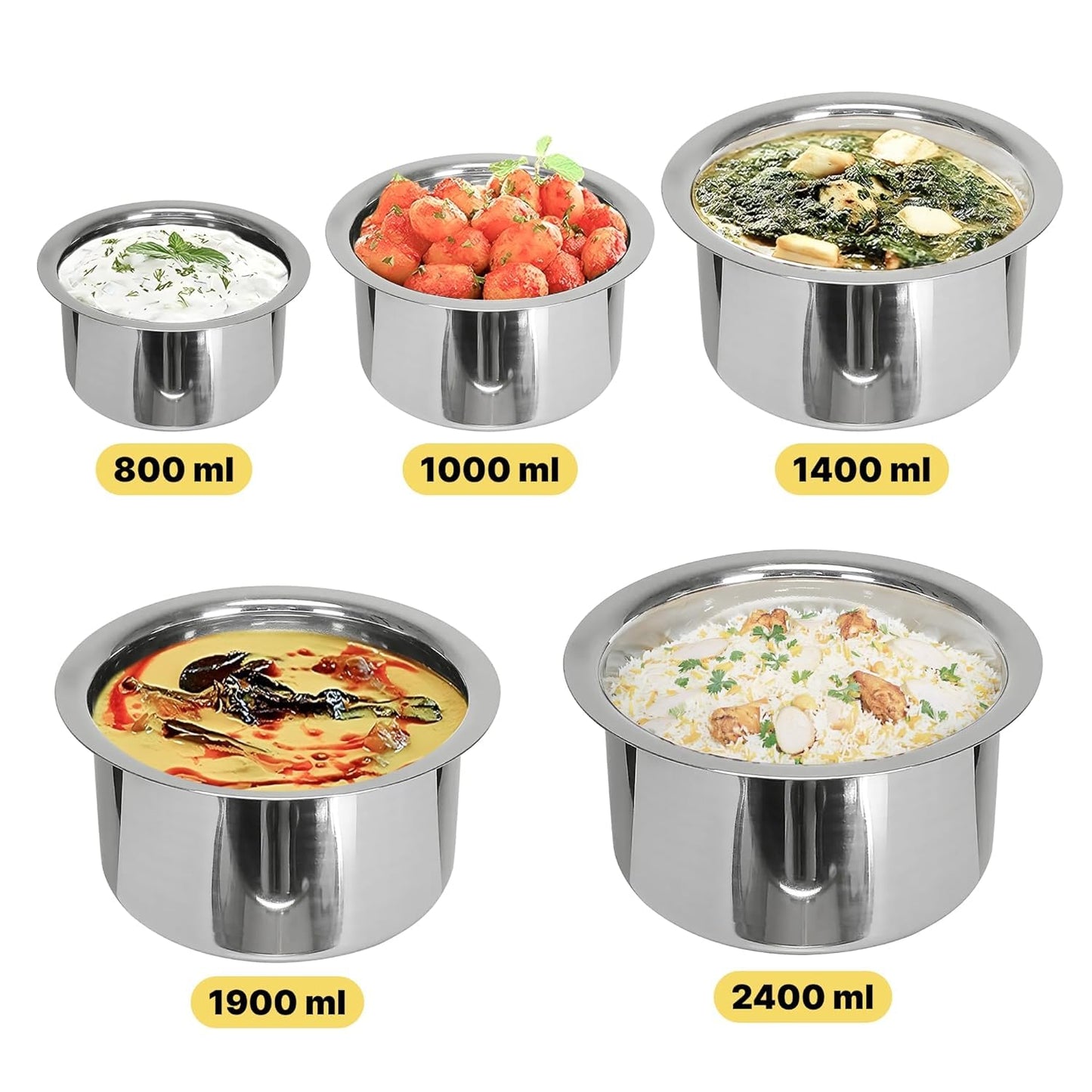 SAVYA HOME Stainless Steel Tope Set without Lid | Food Grade Stainless Steel, Durable & Wobble Free Base | Flat Bottom | Suitable for Gas Stove, High & Low Flame Heating | Kitchen Tope Set of 5