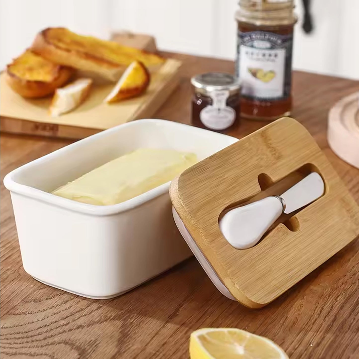 UMAI Ceramic Butter Dish with Lid & Knife (600ml) | Butter/Cheese Box for Fridge | Wooden Airtight Lid with Sealed Silicone Ring | Butter Container | Butter Holder/Case (White, Pack of 1)