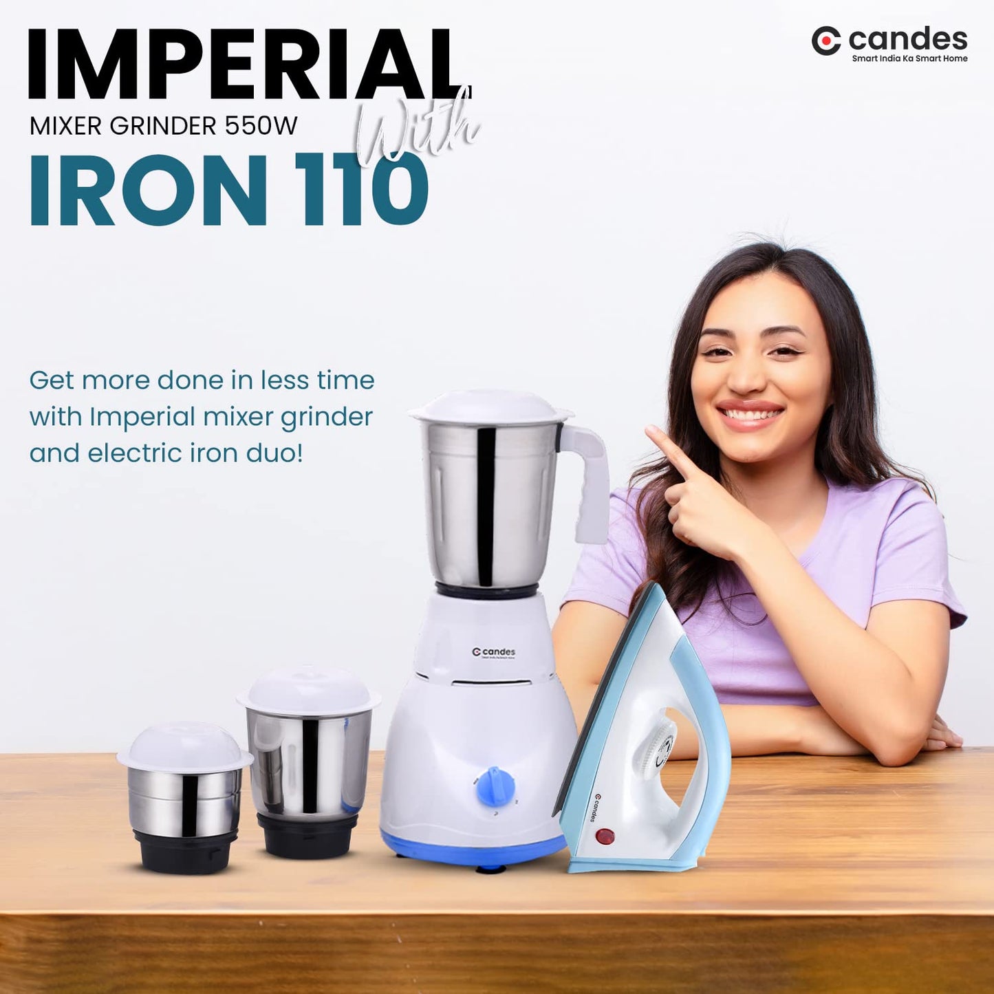 CANDES Mixer Grinder with Iron Combo- 550W Mixie for Kitchen with 3 Stainless Steel Jars, Powerful Motor, Efficient Steel Blades & 750W Electric Iron Press with 1 Year Warranty- White & Blue