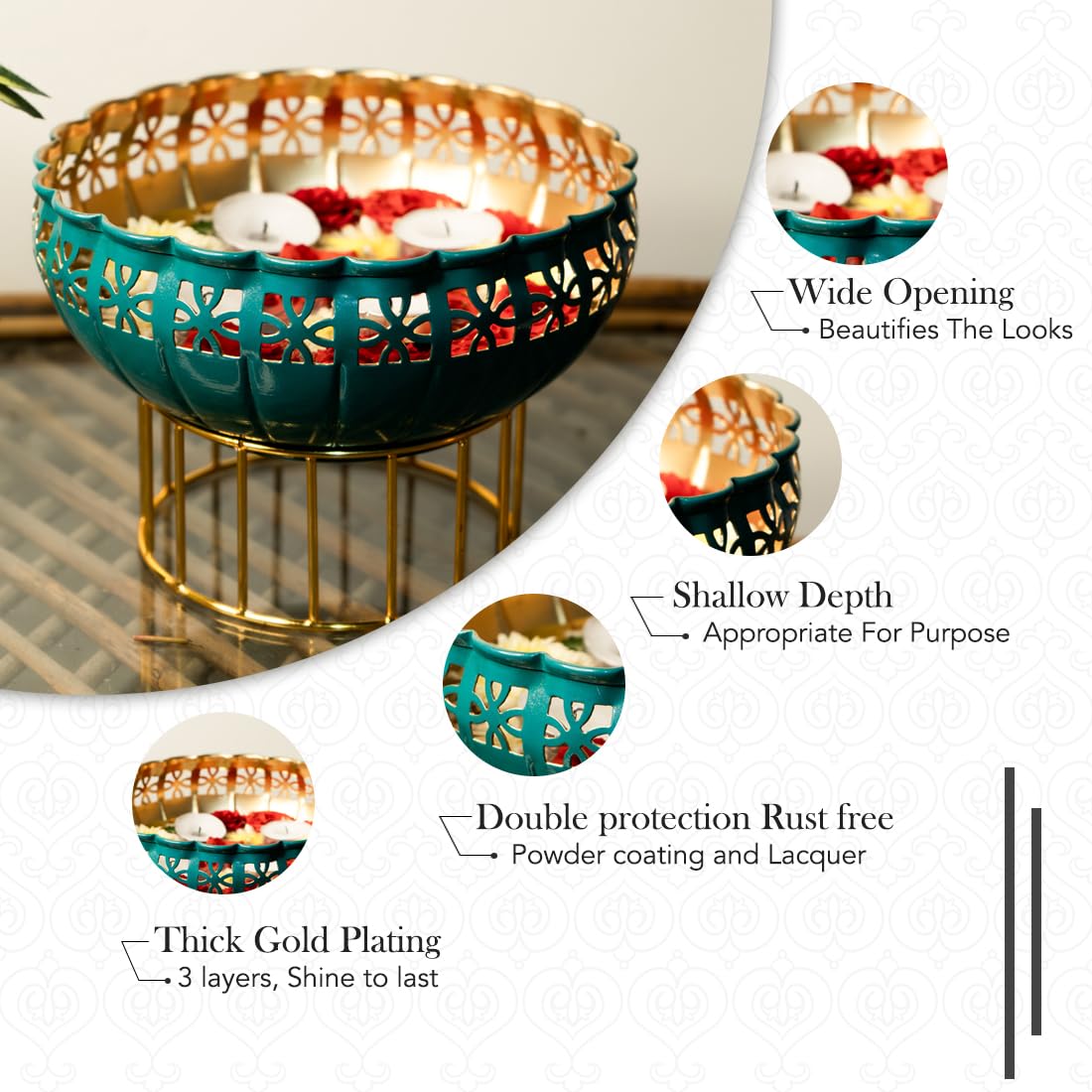 Ekhasa Green Urli Bowl with Stand for Home Décor & Table Decoration | Floating Flowers, Tealight Candles Water Bowl for Diwali Pooja and Other Festivals | Gift for Various Occasions