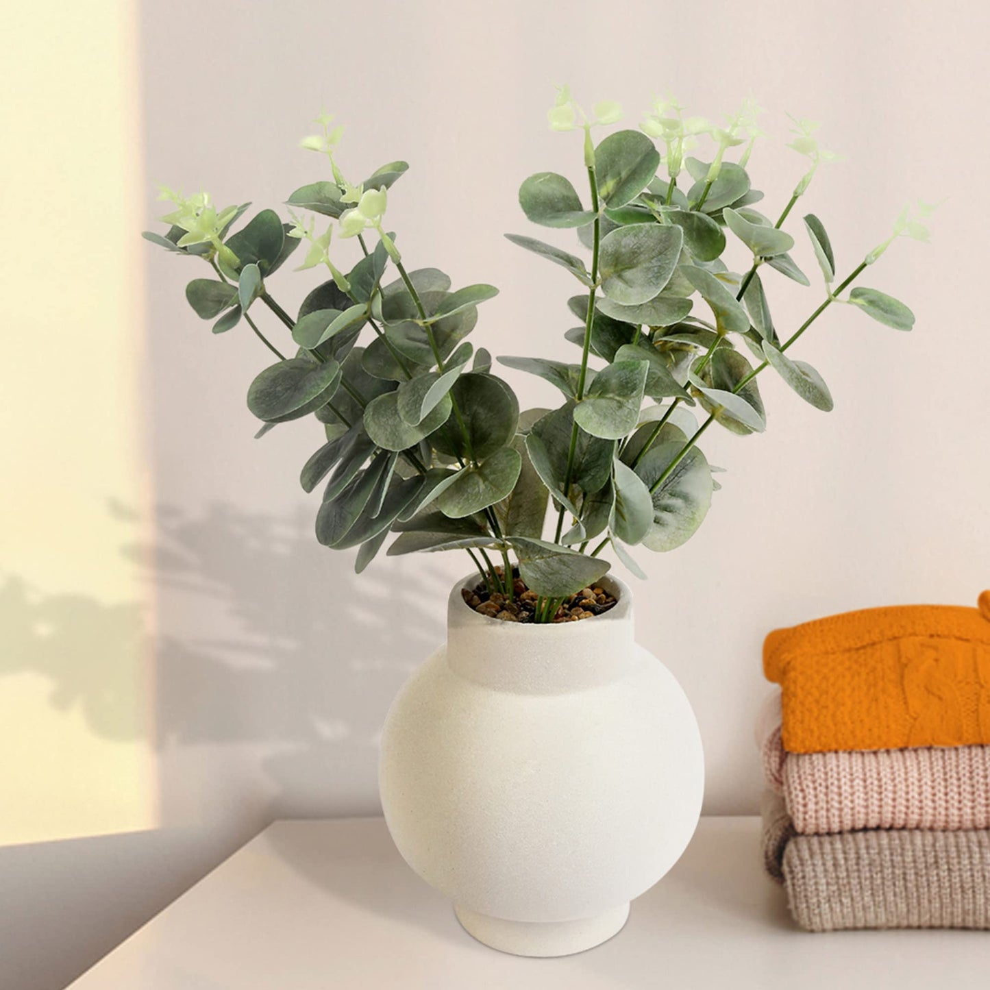 Artificial Eucalyptus Plant with White Vase | Decorative Potted Plant for Home & Office | Natural Look