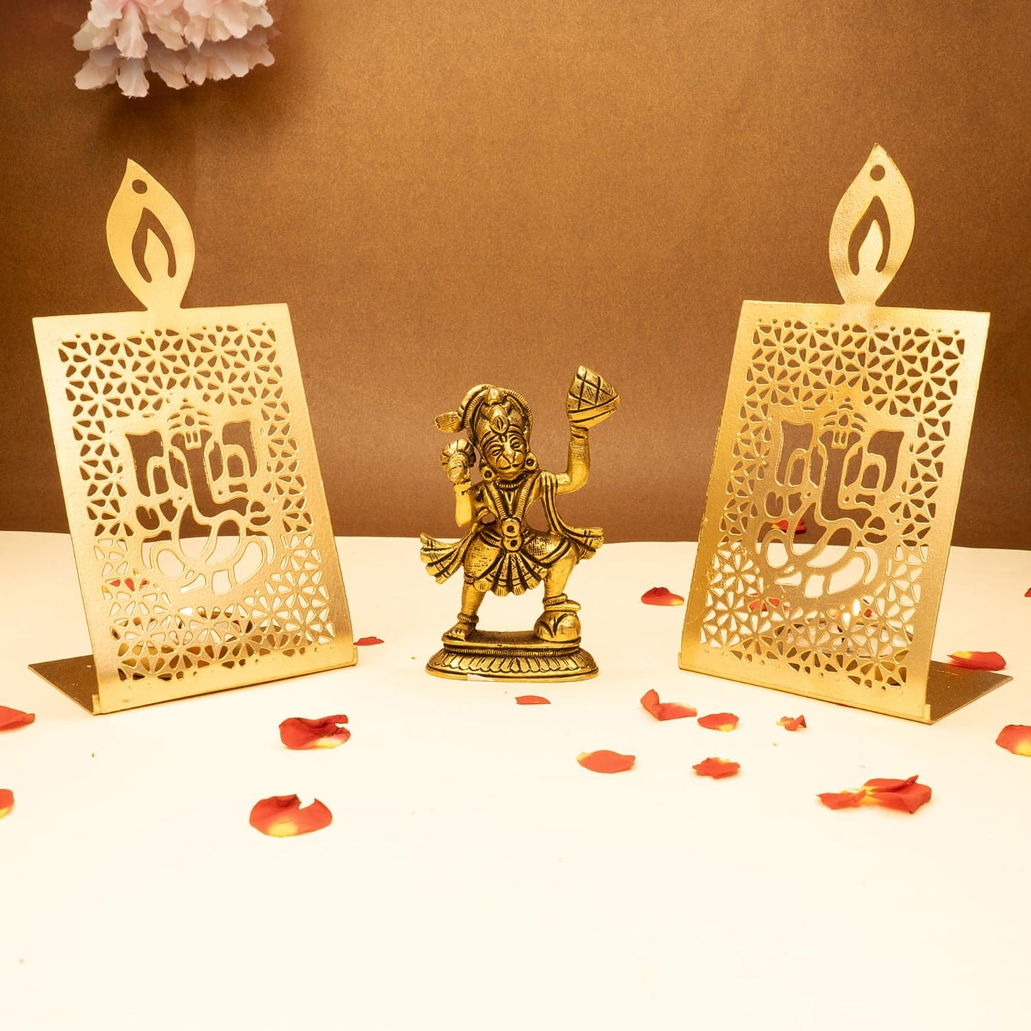 Combo: Brass Hanuman Ji Idol & Ganesh Tealight Candle Holder for Puja | Size: 8.4 cm | Golden