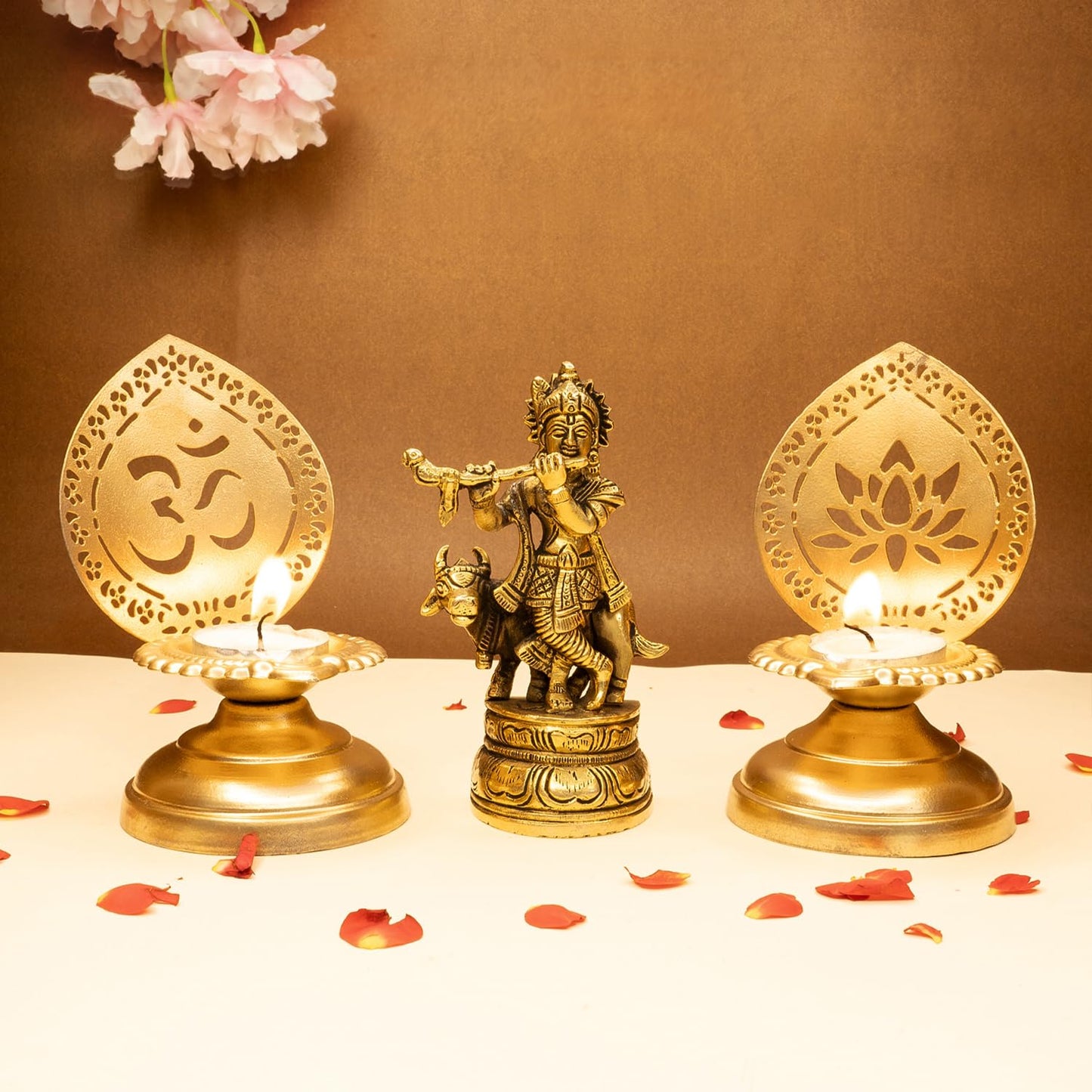 Combo: 100% Pure Brass Lord Krishna Idol with Flute & Tealight Holder | 12.8 cm | For Home Decor | Gold