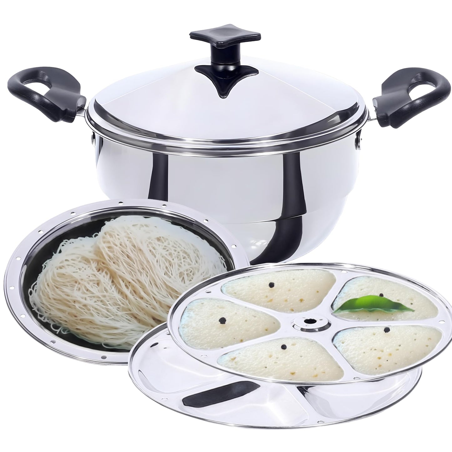 USHA SHRIRAM Stainless Steel Idli Cooker Kadai (3 Plate) | 2 Triangle Idli Plates (20 Idlis), 1 Momo/Idiyappam Plates | Idly Maker Momo Steamer | Multi Kadai for Idli, Dhokla,Mini Idlies, Modaks