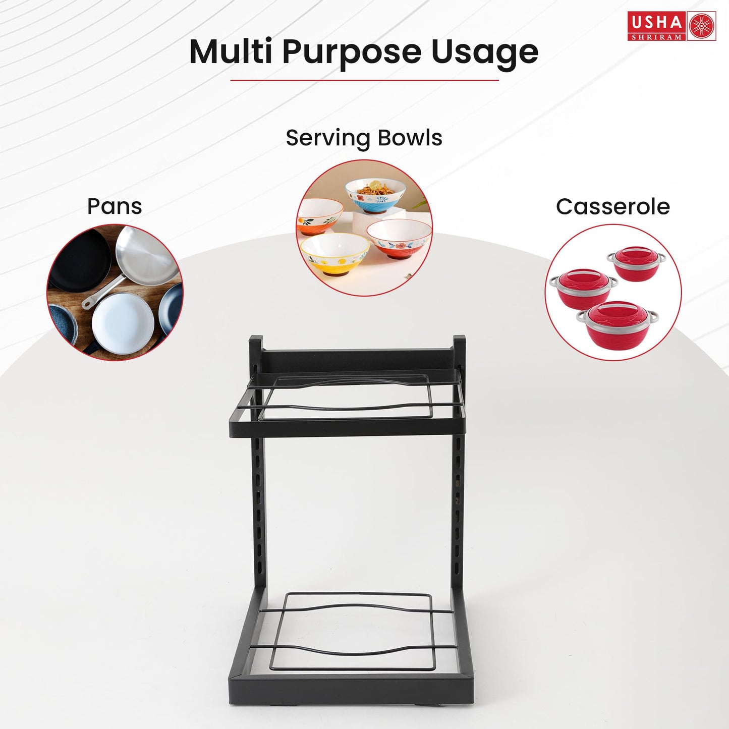 USHA SHRIRAM Carbon Steel | Dish Organiser For Kitchen | Kitchen Side Rack Organiser | Kadai Pan Organiser Rack For Kitchen | Kitchen Appliances Organiser | itchen Shelf Organiser (Pack of 1, 2 Layer)