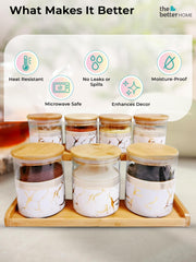 The Better Home Zenith Series Borosilicate Glass Jar With Wooden Lid (7Pcs - 850ml & 350ml)|Borosilicate Glass Container|Storage Set | Airtight Glass Container | Spice Jars For Kitchen (White Printed)