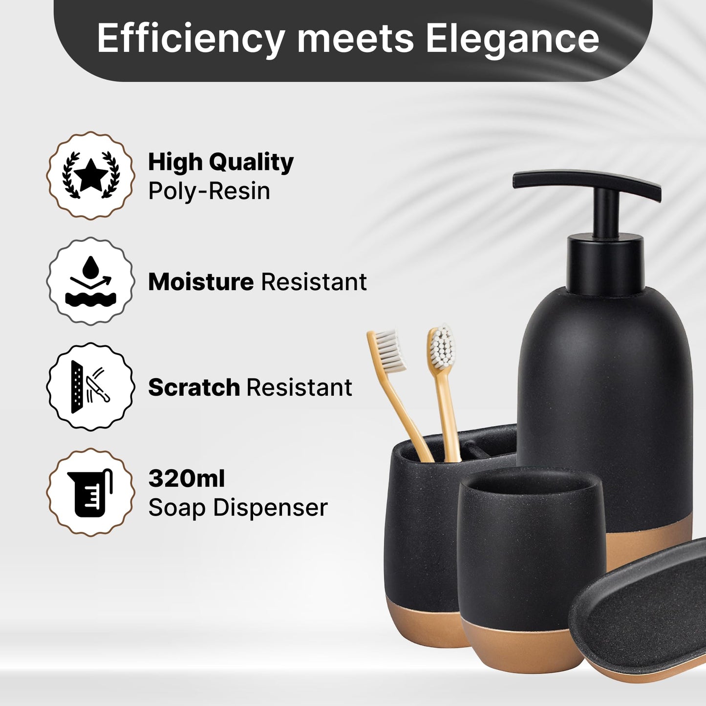 UMAI Polyresin 4-Piece Bathroom Accessories Set | Soap Holder for Bathroom | Liquid Soap Dispenser (250ml) | Tumbler | Toothbrush Holder | Moisture Resistant | Scratch Proof | Black-Golden