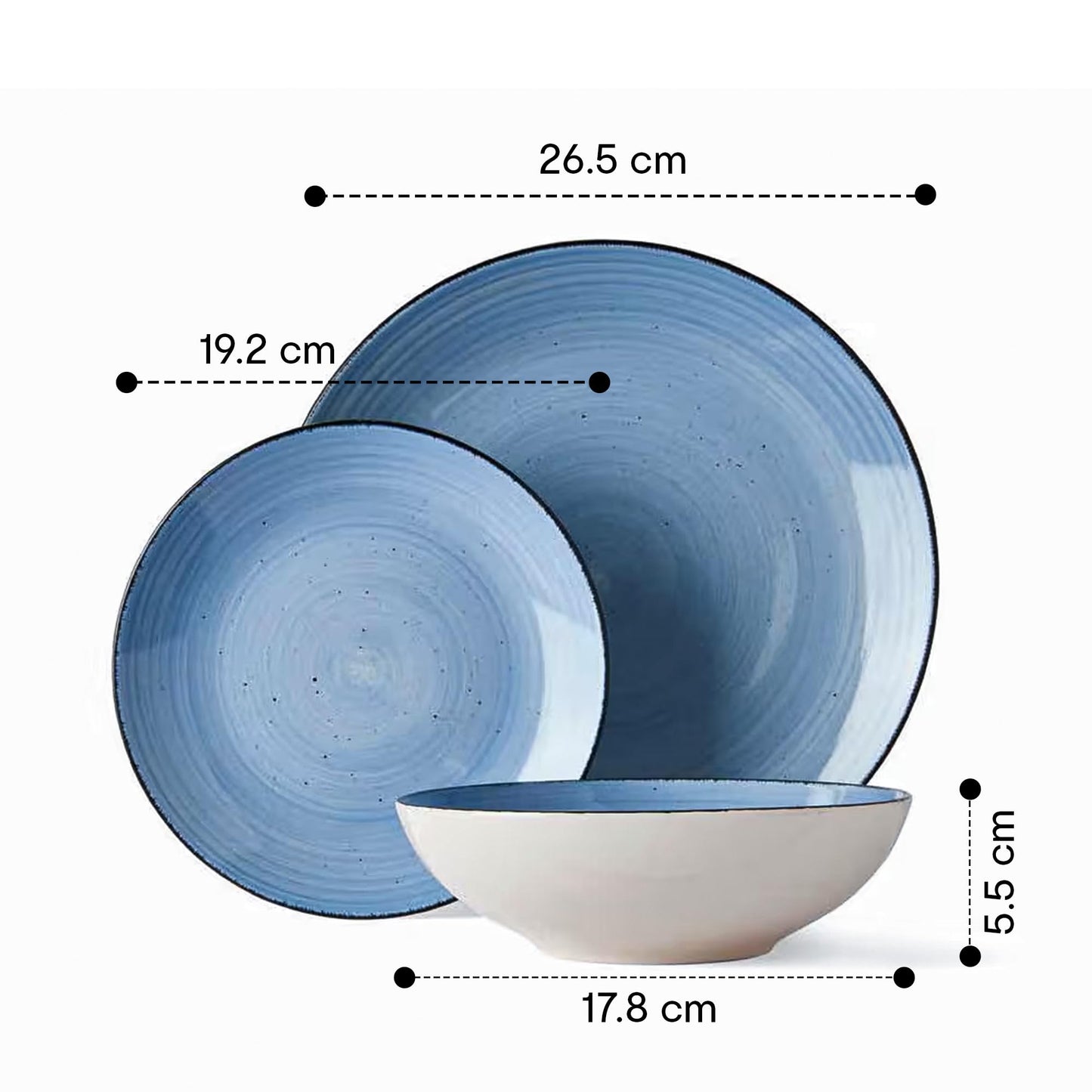 Combo: Stoneware Dinner Set with Microwave Safe Crockery | 4 Bowls, 4 Quarter Plates, 4 Dinner Plates | Blue