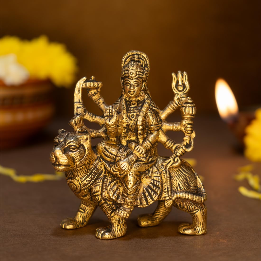 100% Pure Brass Durga Maa Idol for Home Decor & Puja Room | Size: 12.8 cm | Traditional Gold Finish