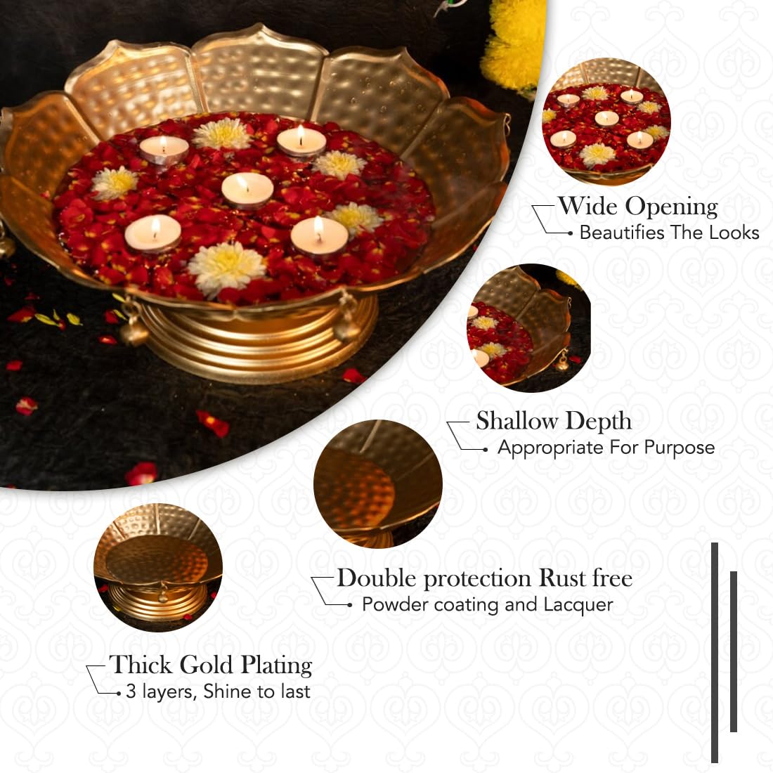 Ekhasa Iron Urli Bowl For Home Decor & Table Decoration | Floating Flowers, Tealight Candles Water Bowl For Diwali Pooja And Other Festivals | Gift For House Warming Ceremony (Medium), 620 Ml