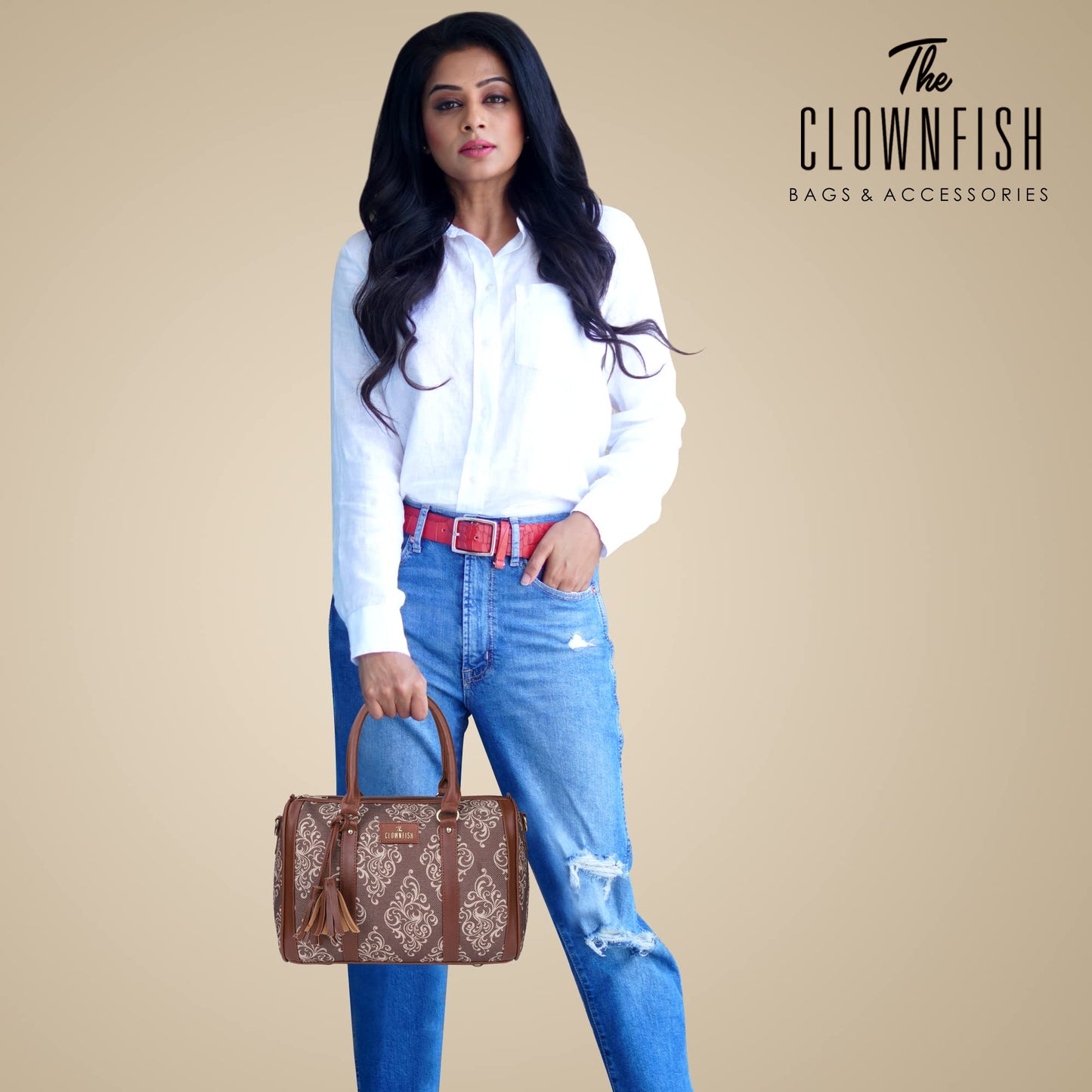 Lorna Printed Handicraft Fabric Handbag - Lightweight, Floral Design | 2 Pockets | 11L | Brown