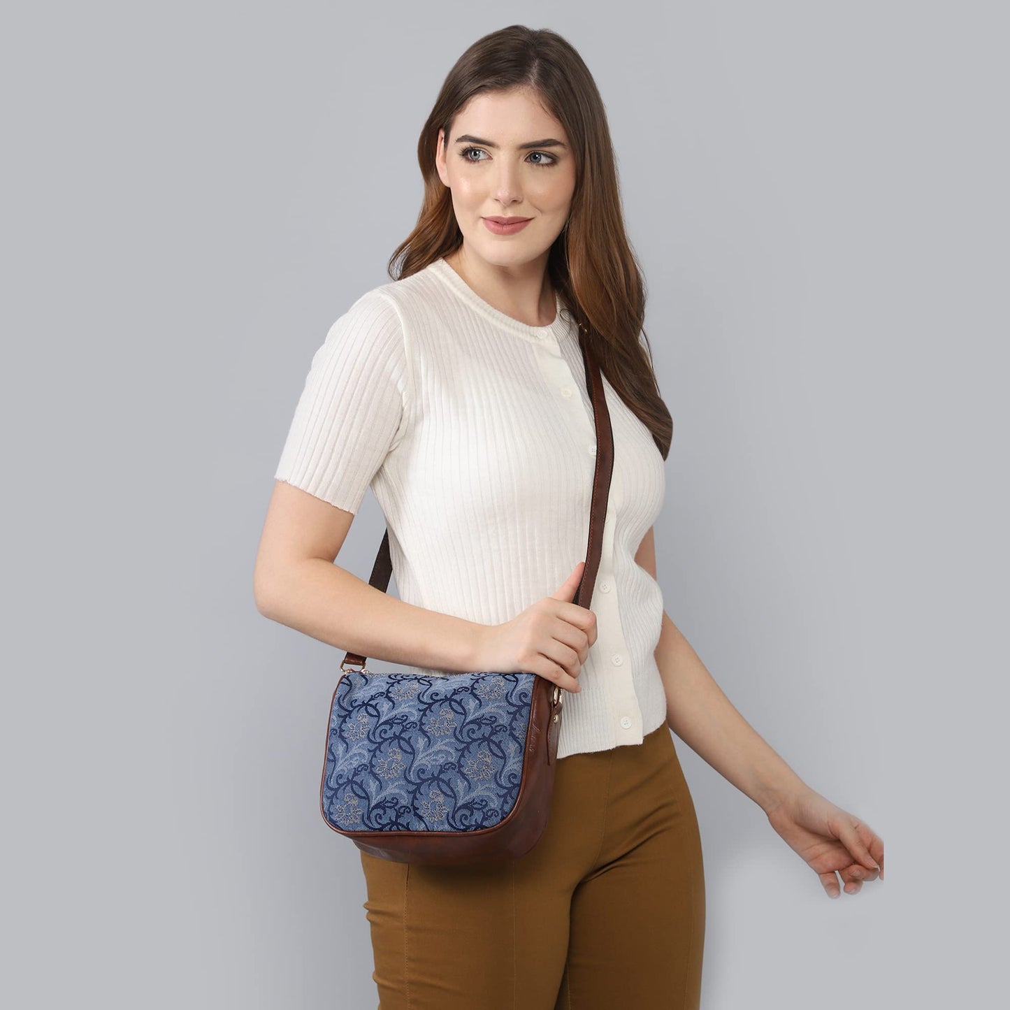 Single Shoulder Bag: Handicraft Fabric Tapestry Sling Bag with Floral Print | Crossbody Design | Blue