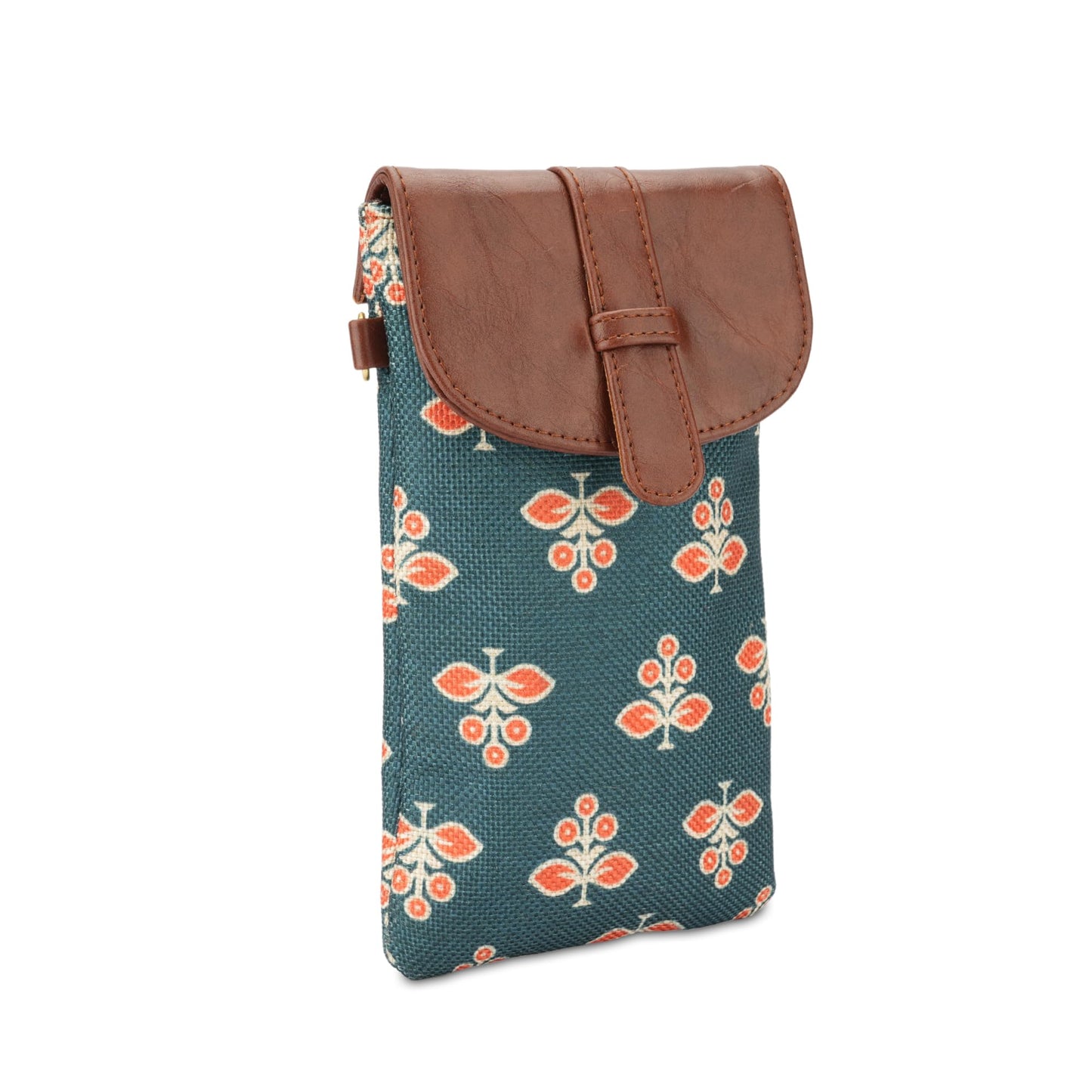 THE CLOWNFISH Flexiflare Series Mobile Sling for Women Printed Handicraft Fabric & Faux leather Casual Ladies Mobile Pouch Crossbody Bag for College Girls (Persian Green)